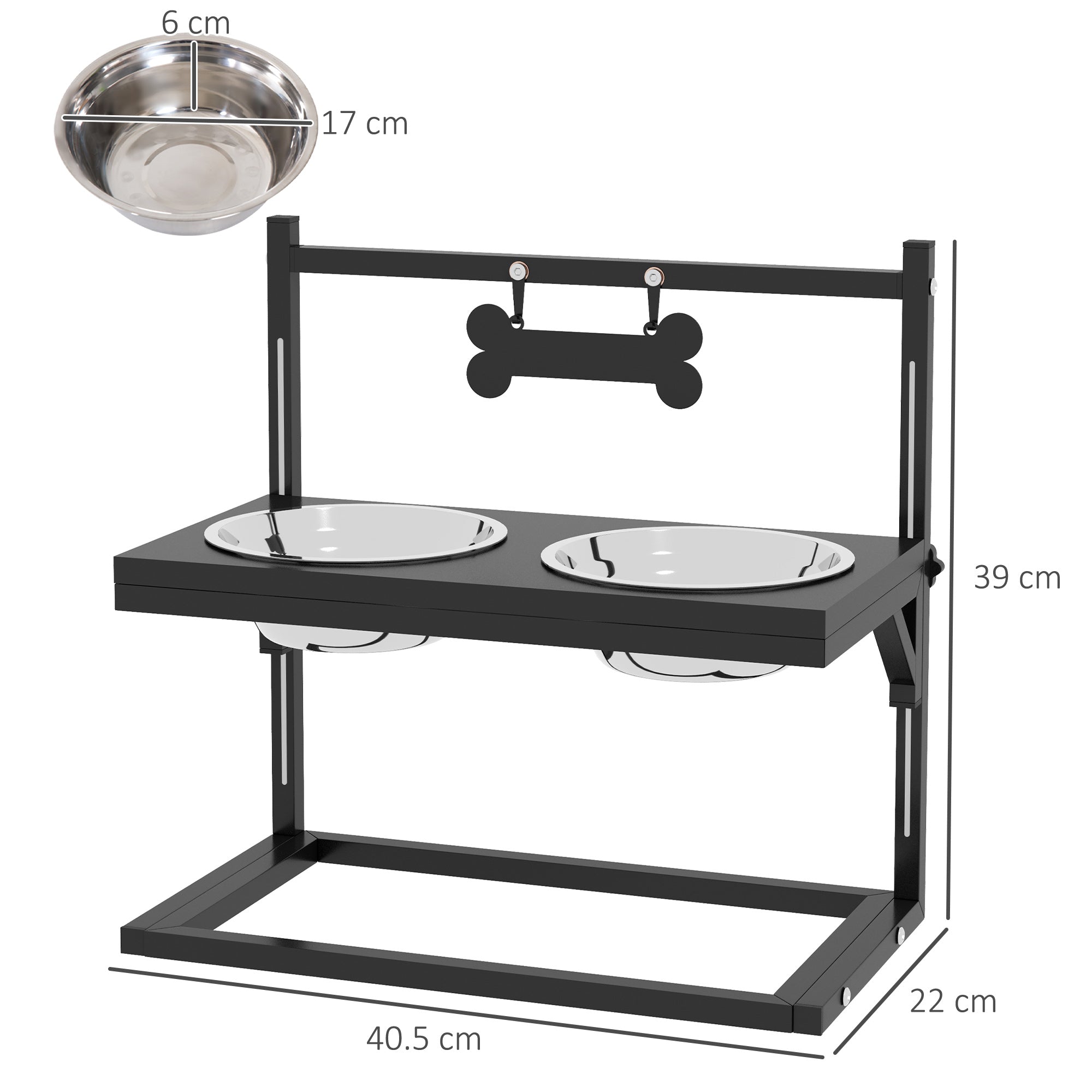PawHut Dog Bowls with Stand, Adjustable Height Elevated Dog Bows for Small Medium Large Dogs - Black - North Peak Garden Furniture