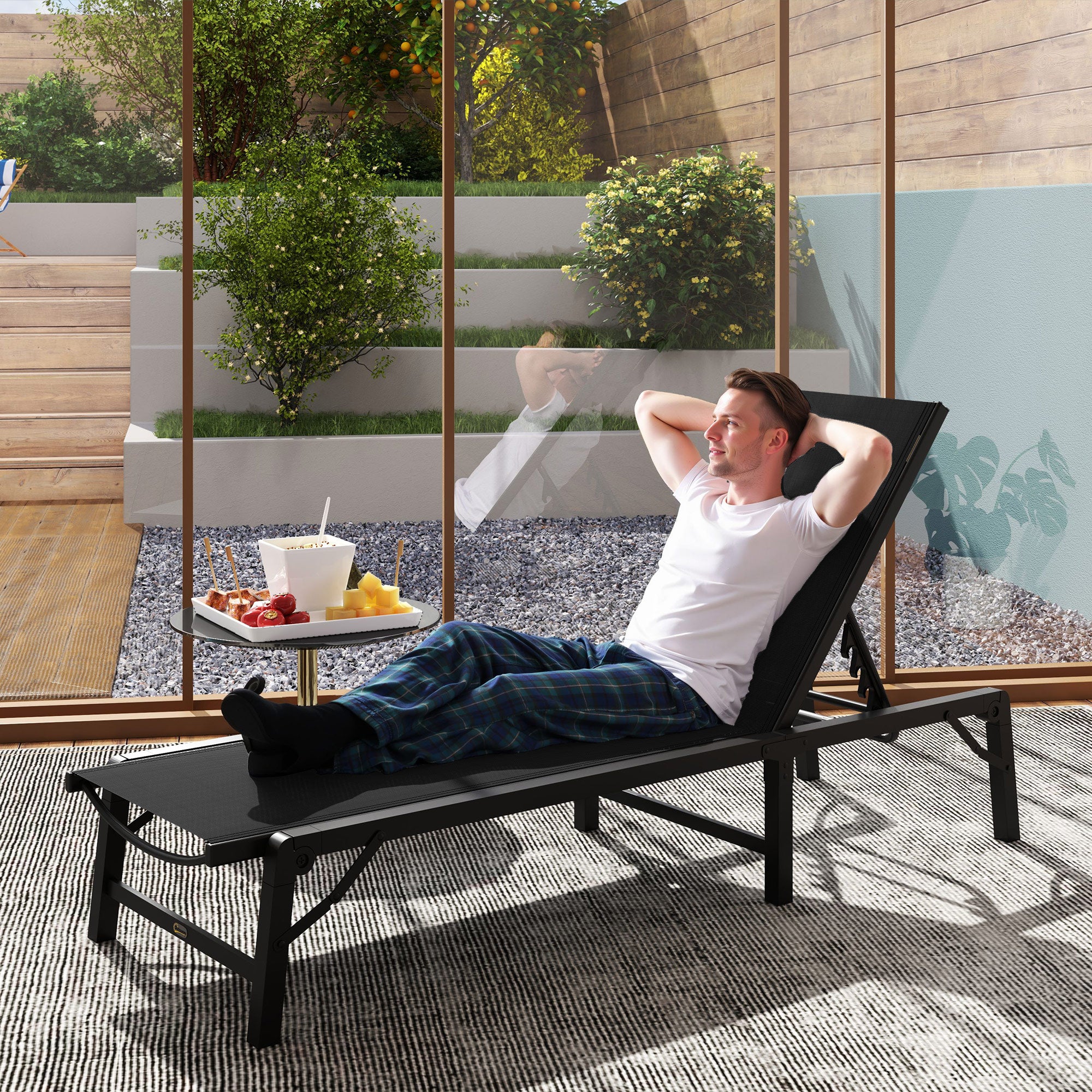 Outsunny Folding Sun Lounger, 5-Position Adjustable Garden Chaise Lounge Sunbed, Steel Frame Reclining Chair for Beach, Porch, Patio, Camping, Black - North Peak Garden Furniture