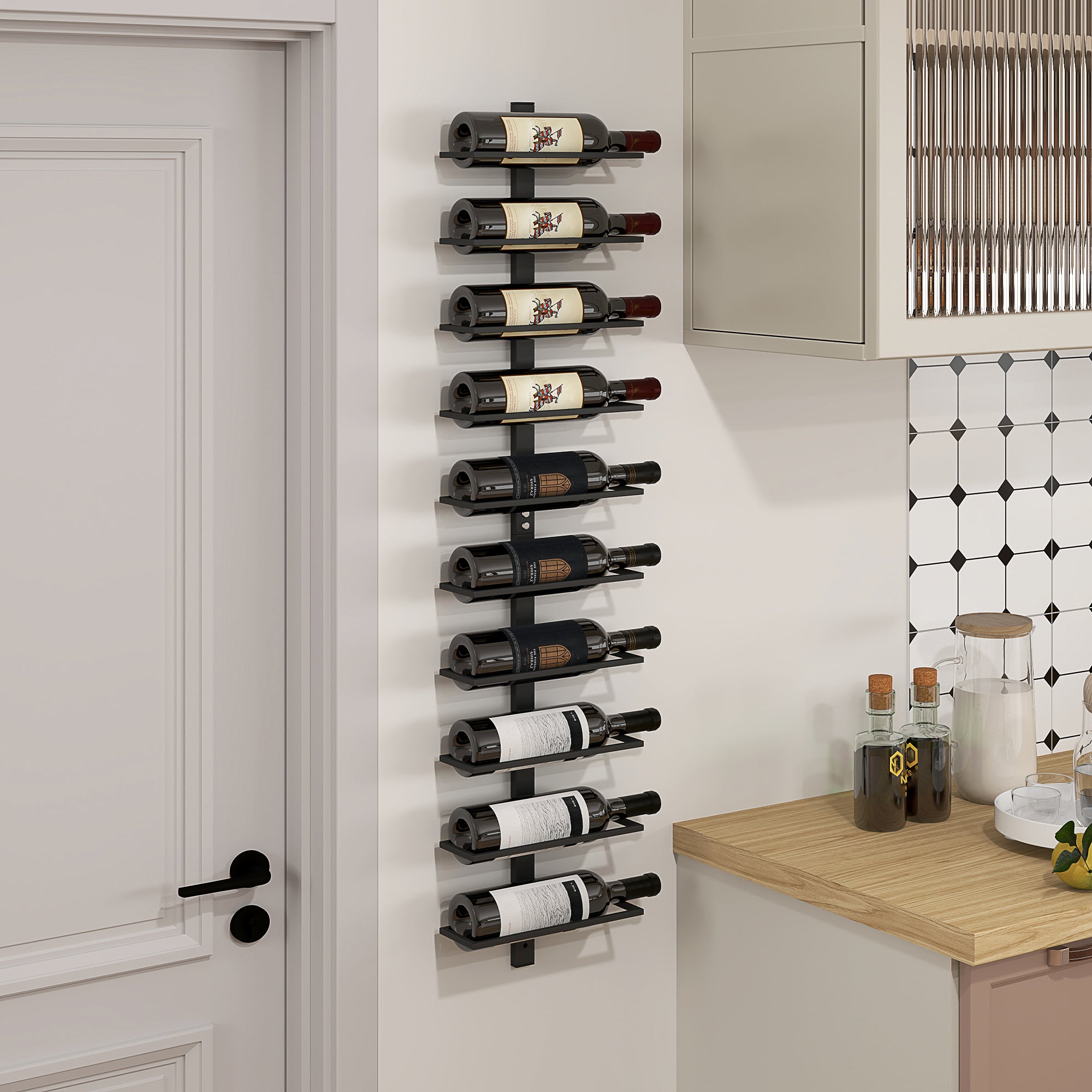 HOMCOM 10-Tier Wall Mount Wine Rack, Steel Wall Wine Rack for 10 Wine Bottles, Wall Wine Display Rack for Kitchen, Dining Room, Home Bar, Black - North Peak Garden Furniture