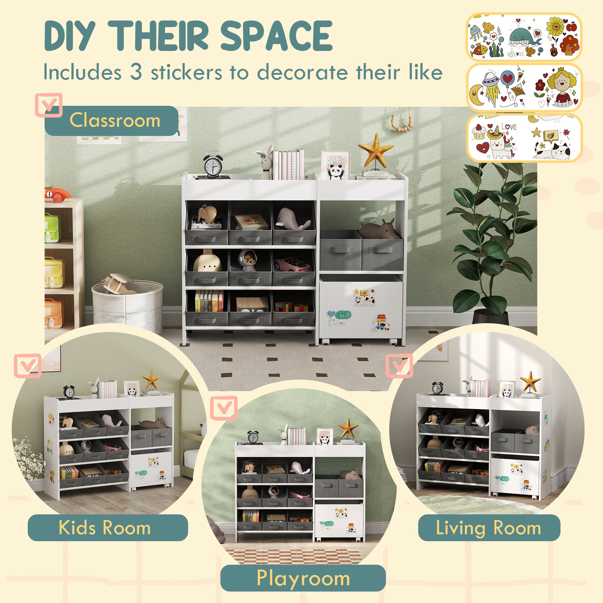 AIYAPLAY Kids Toy Storage Unit with 11 Bins, Cabinet, Top Shelves, 3 Stickers, for Nursery, Playroom, Kindergarten, White - North Peak Garden Furniture
