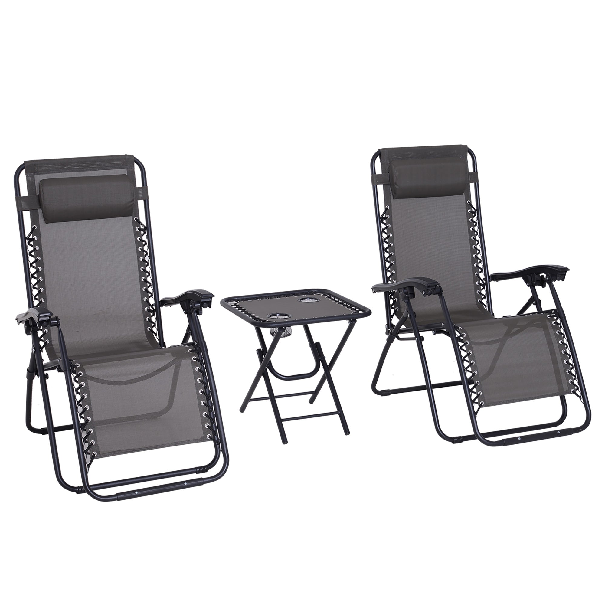 Outsunny 3pcs Folding Zero Gravity Chairs Sun Lounger Table Set w/ Cup Holders Reclining Garden Yard Pool, Dark Grey - North Peak Garden Furniture