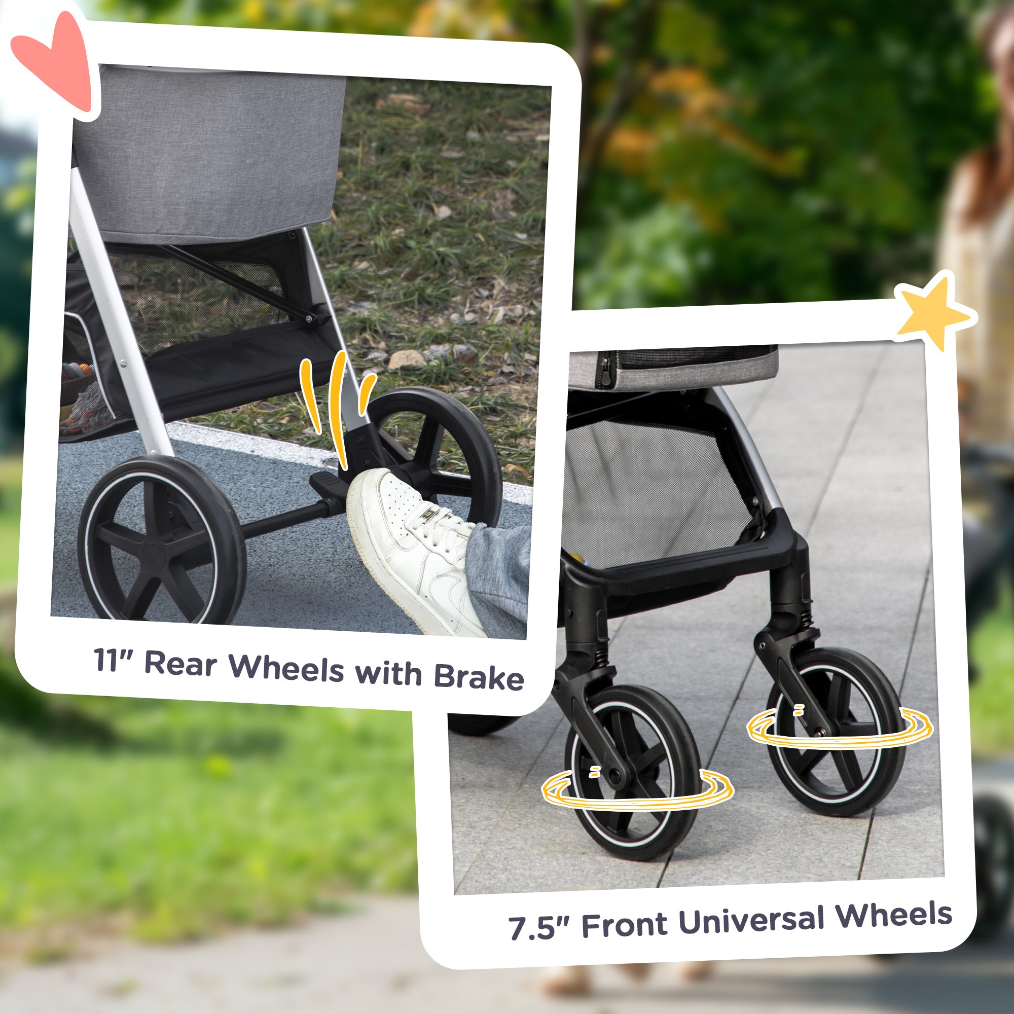 PawHut 3 in 1 One-Click Foldable Pet Stroller, Detachable Dog Cat Travel Pushchair, Car Seat w/ EVA Wheels, Basket, Adjustable Canopy, Safety Leash, Cushion, for Small Pets - Grey