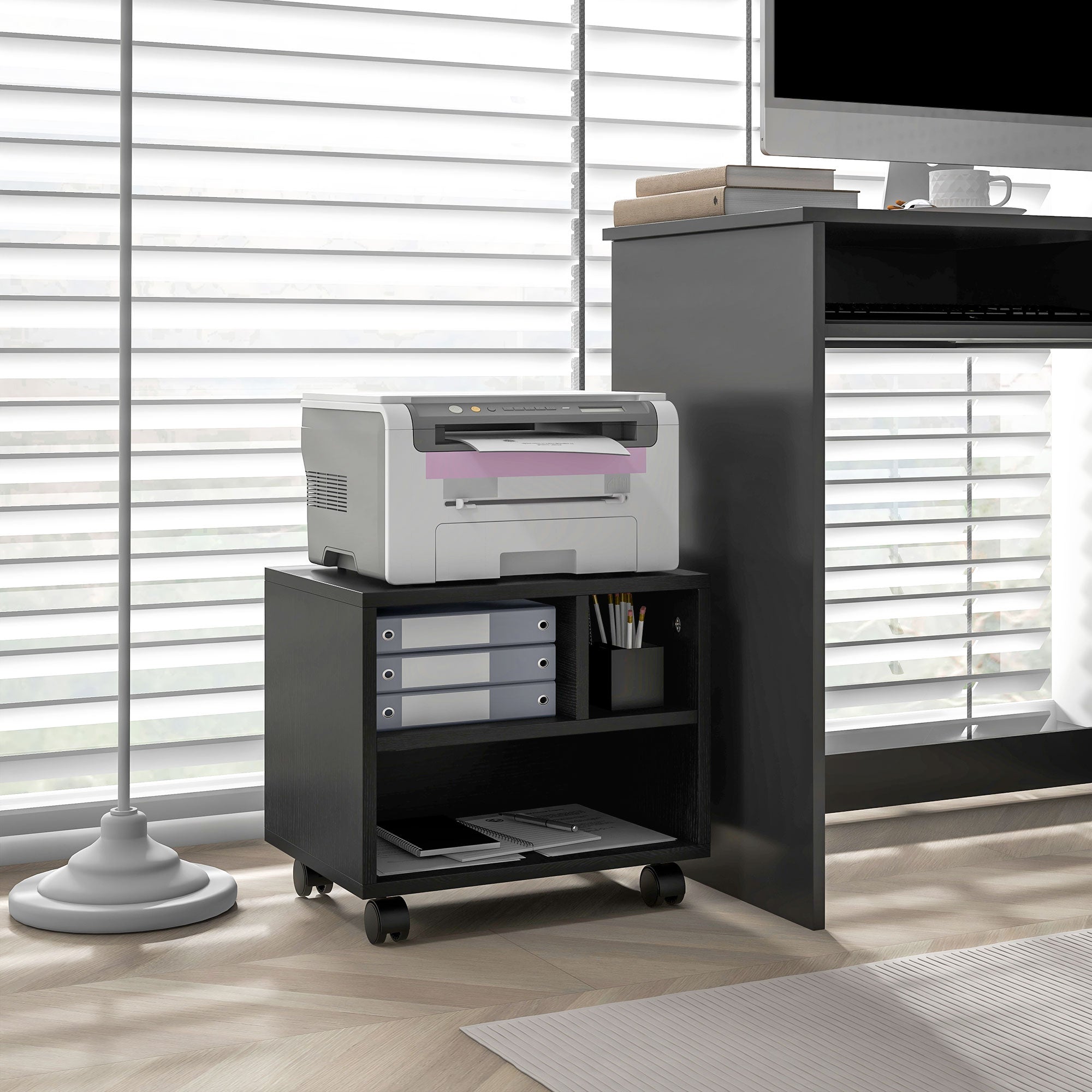 HOMCOM Three-Compartment Printer Cabinet, with Wheels - Black - North Peak Garden Furniture