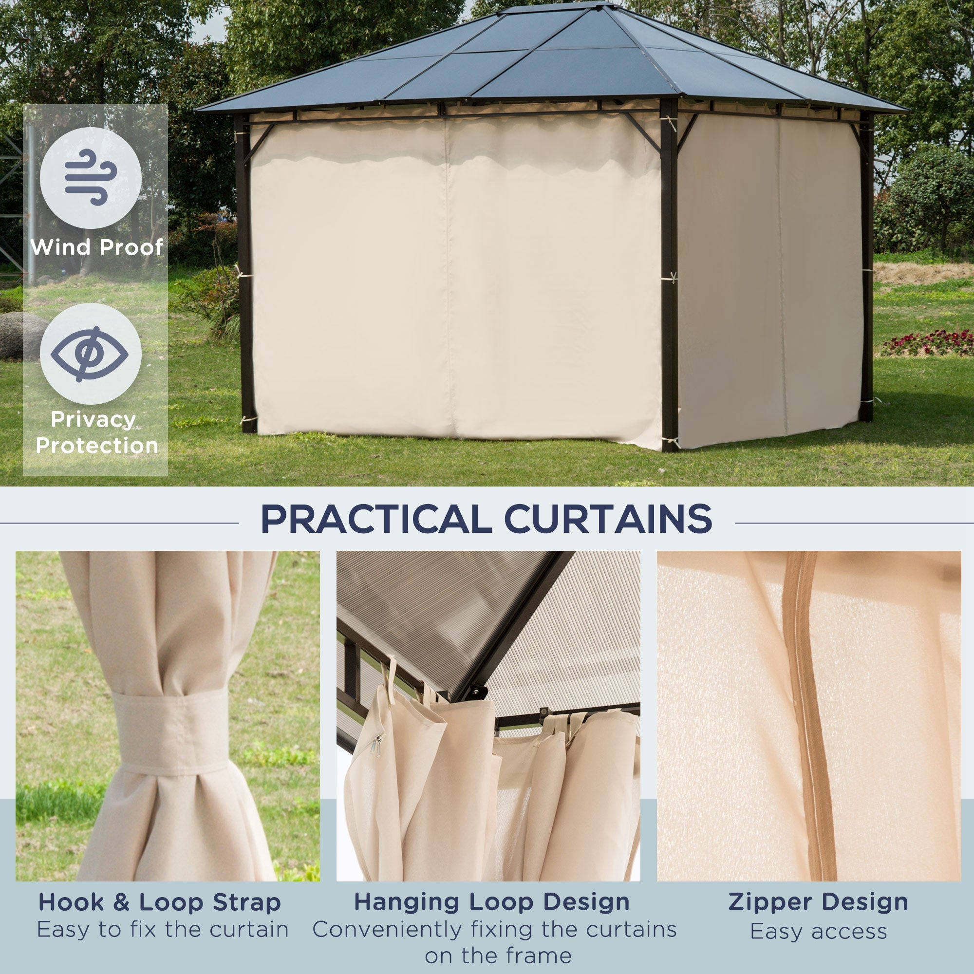 Outsunny 3 x 3.6m Hardtop Gazebo Canopy with Polycarbonate Roof Garden Pavilion with Removable Curtains and Steel Frame, Brown - North Peak Garden Furniture