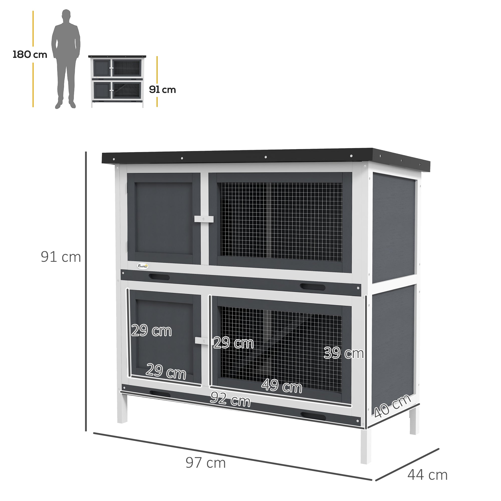 PawHut Double Decker Rabbit Hutch 2 Tier Guinea Pig House Pet Cage Outdoor with Sliding-out Tray, 100 x 47 x 91cm, Grey - North Peak Garden Furniture