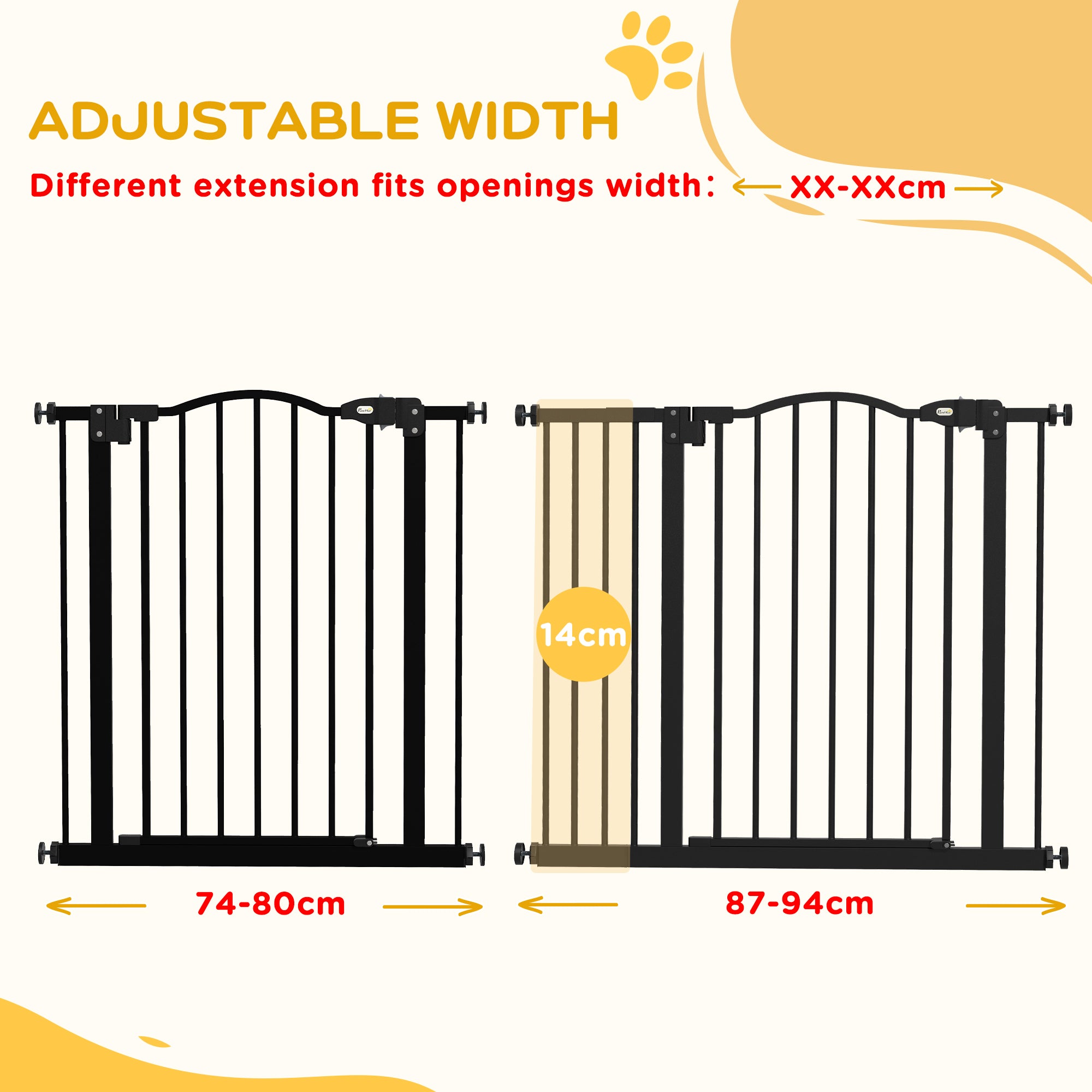 PawHut Metal 74-94cm Adjustable Pet Gate Safety Barrier w/ Auto-Close Door Black - North Peak Garden Furniture