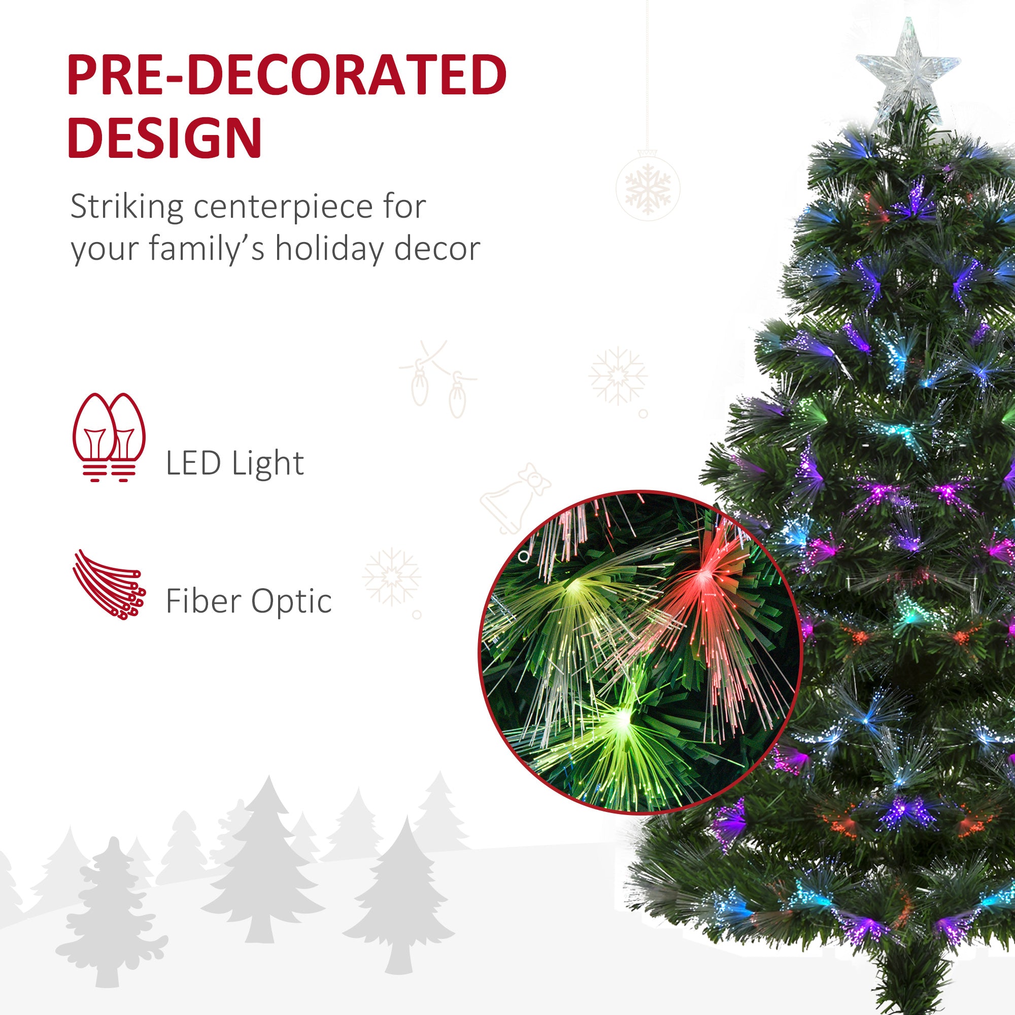 HOMCOM 4FT Multicoloured Artificial Christmas Tree w/ Fibre Optic Lights Pre-Lit Modes Metal Stand Star Holder Home Seasonal Decoration - North Peak Garden Furniture