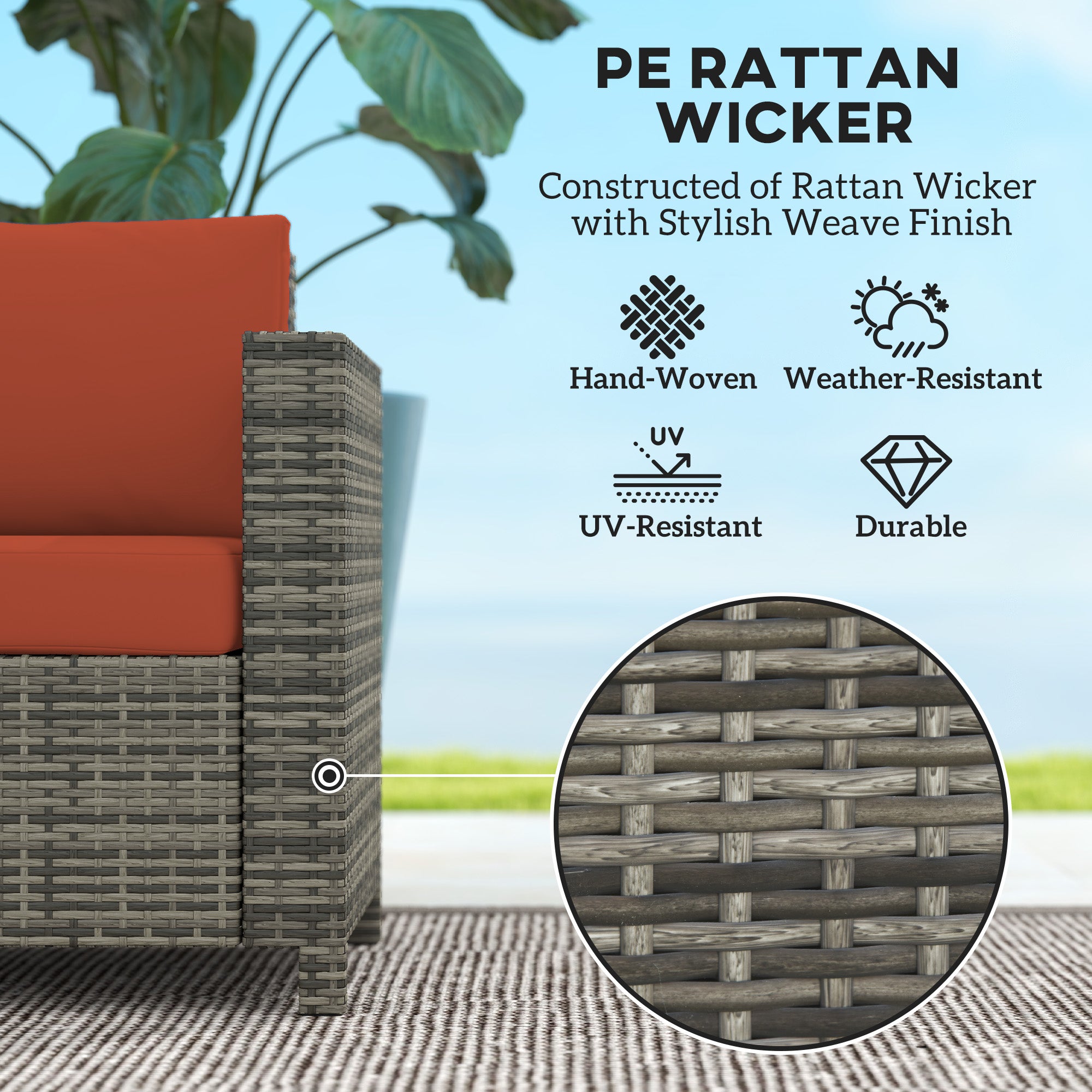 Outsunny 2 Seater Garden Furniture, Rattan Sofa with Soft Padded Cushion and Armrests, Wicker Garden Loveseat for Patio, Grey - North Peak Garden Furniture