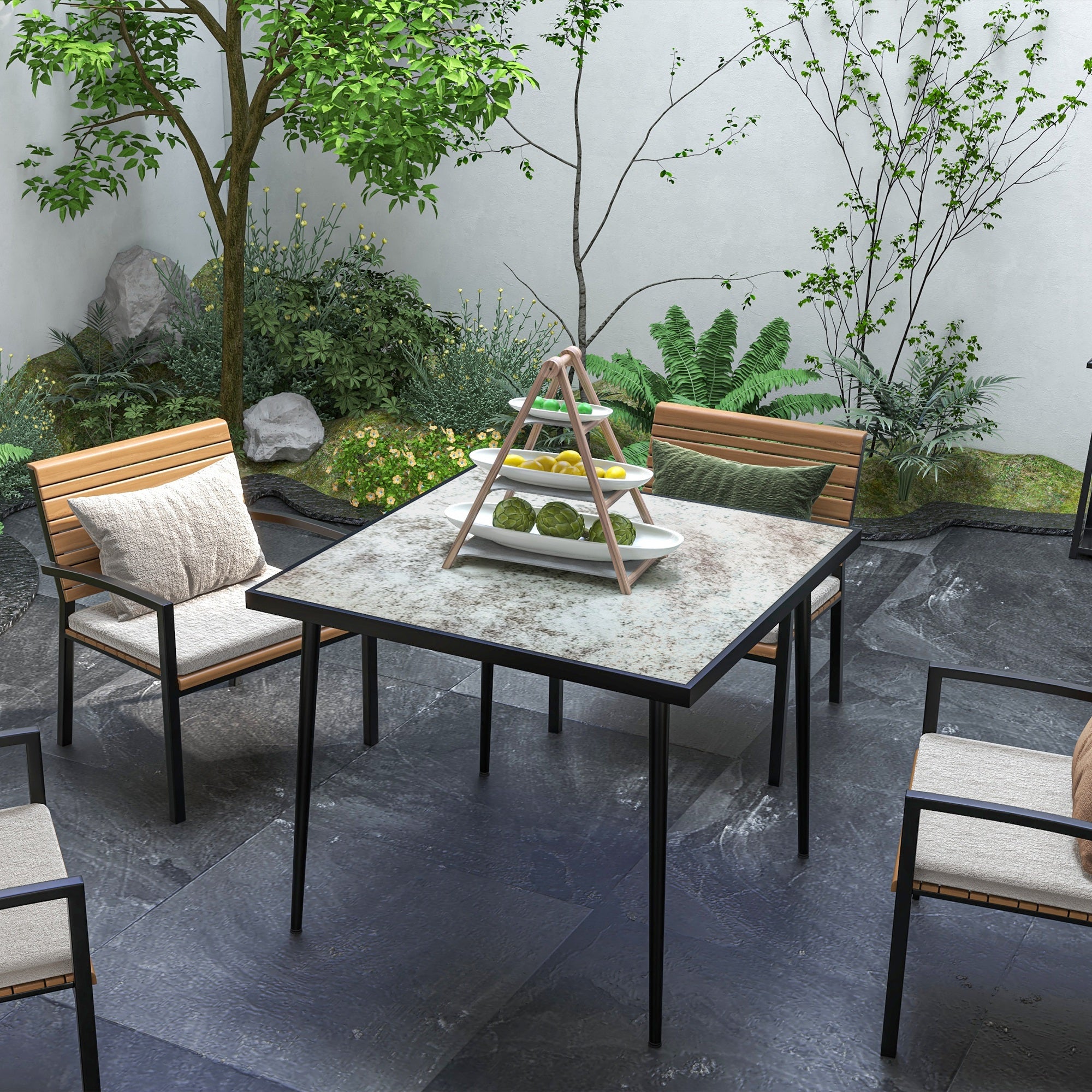 Outsunny Square Garden Table, Outdoor Dining Table for 4 with Marble Effect Tempered Glass Top and Steel Frame for Patio, Grey - North Peak Garden Furniture