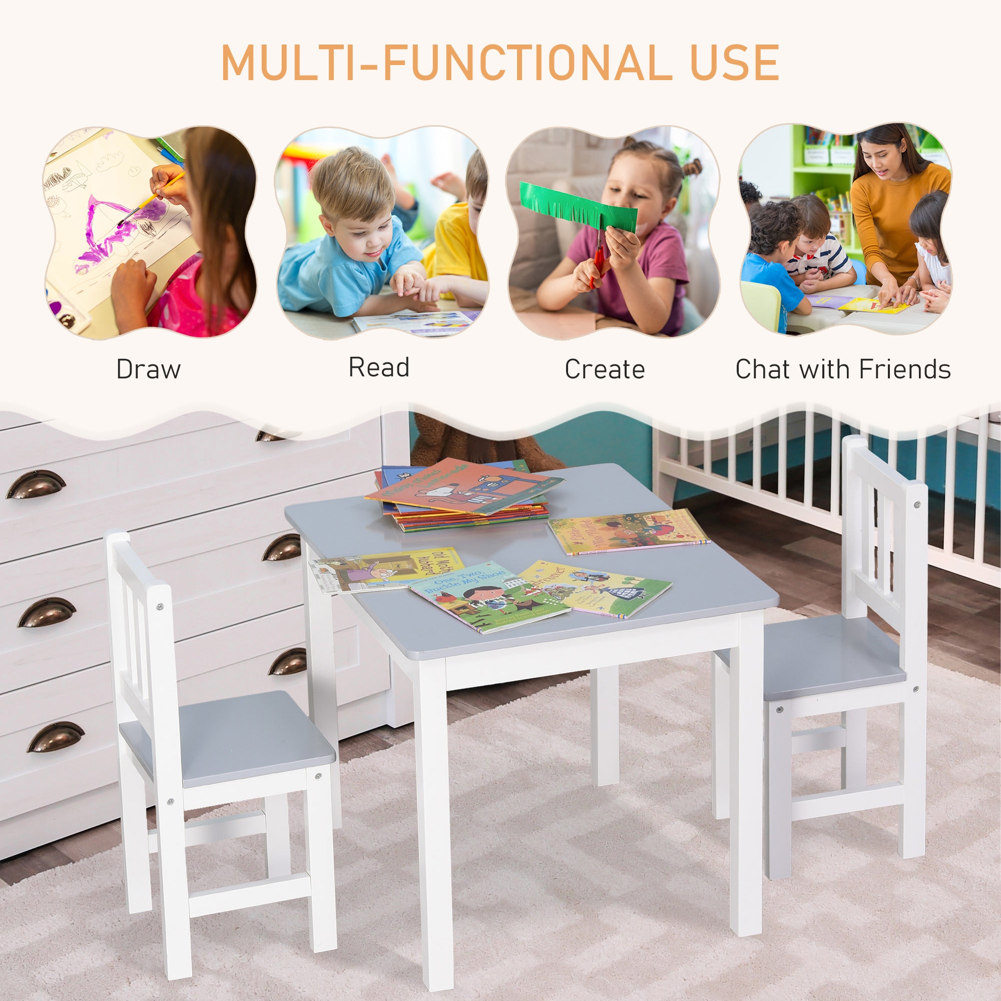 HOMCOM Kids Table and Chair Set 3 Pieces Toddler Preschoolers Desk with 2 Chairs for Indoor Study Rest Snack Time Grey - North Peak Garden Furniture