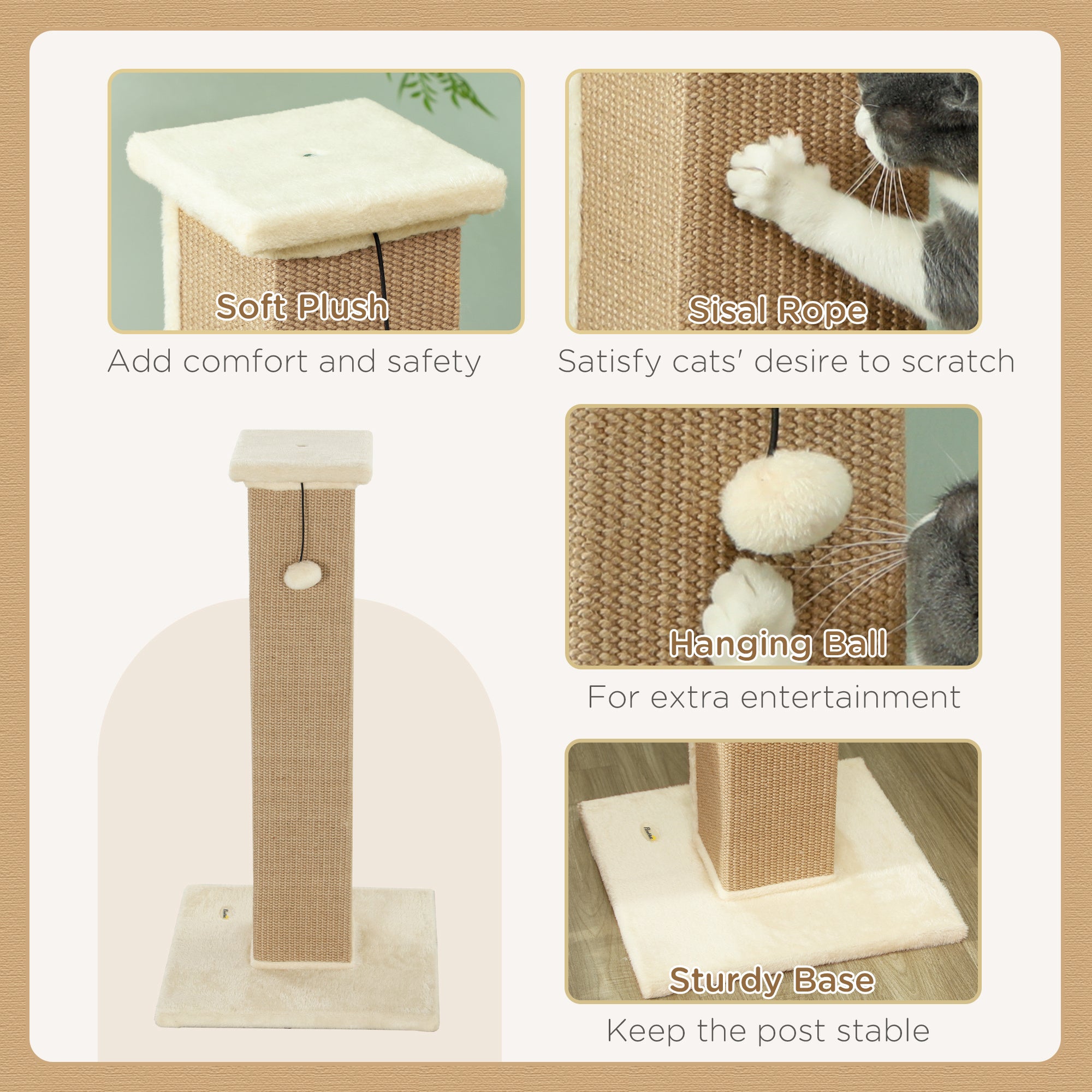 PawHut 81cm Cat Scratcher, Vertical Full Scratcher w/ Natural Jute Rope, Hanging Ball, Soft Plush - Beige - North Peak Garden Furniture