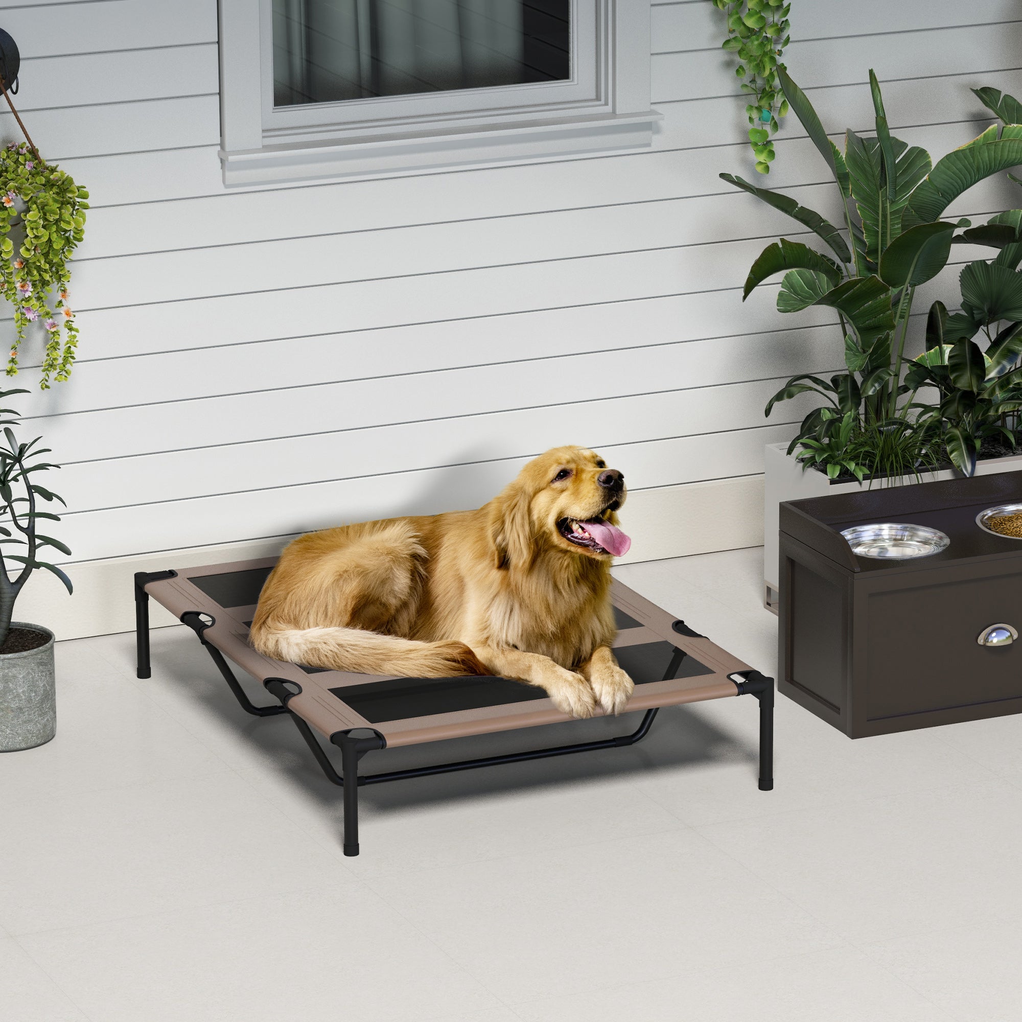 PawHut Raised Dog Bed Cooling Elevated Pet Cot with Breathable Mesh for Indoor Outdoor Use Brown, XX Large, 122 x 92 x 23cm - North Peak Garden Furniture