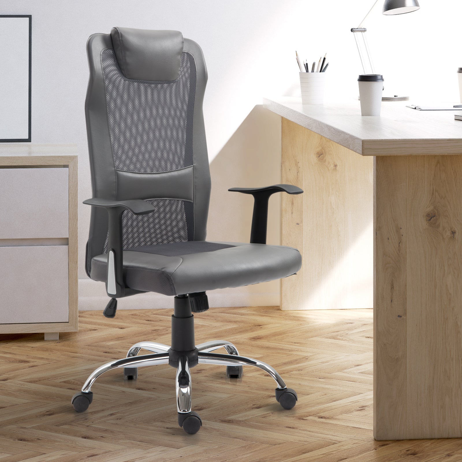 Vinsetto Office Chair, Computer Desk Chair, Mesh and PU Leather Swivel Chair with Adjustable Height and Rolling Wheels for Home Office Work Study, Grey - North Peak Garden Furniture