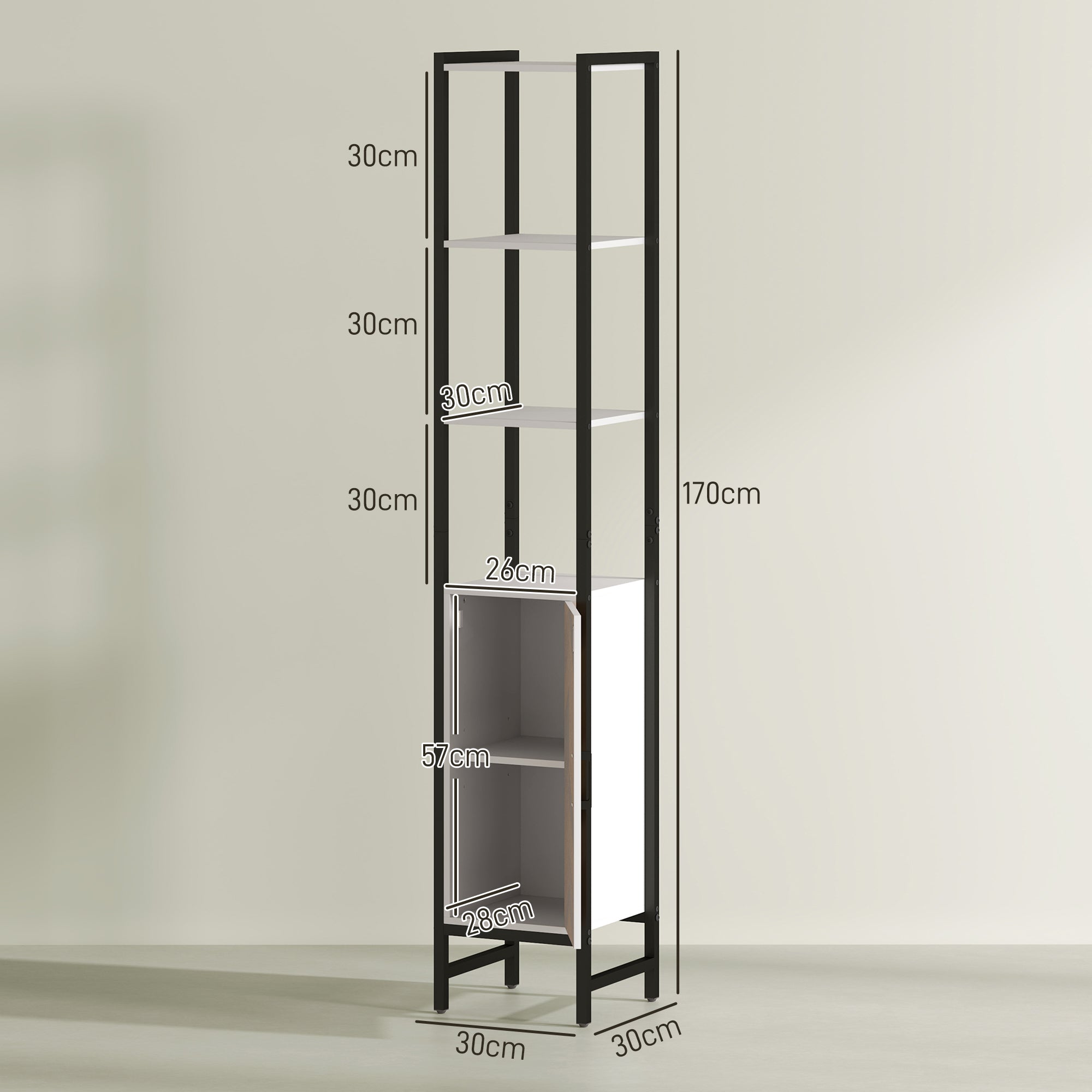 HOMCOM Tall Bathroom Cabinet with 3 Shelves, Slim Storage Cabinet with Adjustable Shelf, Narrow Tallboy Cupboard, Bathroom Storage Unit for Kitchen, Living Room, Hallway, 30 x 30 x 170 cm - North Peak Garden Furniture