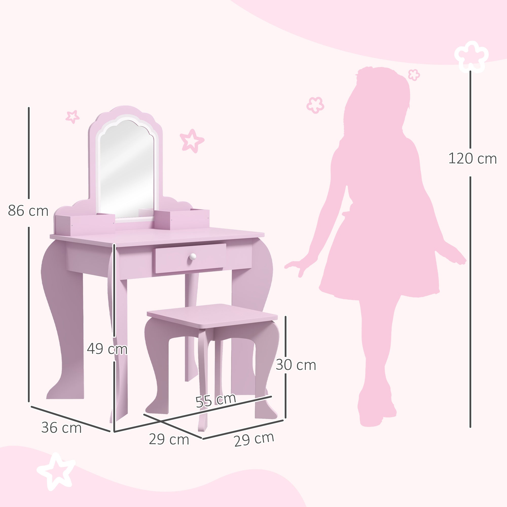 ZONEKIZ Kids Vanity Table with Mirror, Stool, Drawer, Storage Boxes, Cloud Design, for Ages 3-6 Years - Pink - North Peak Garden Furniture