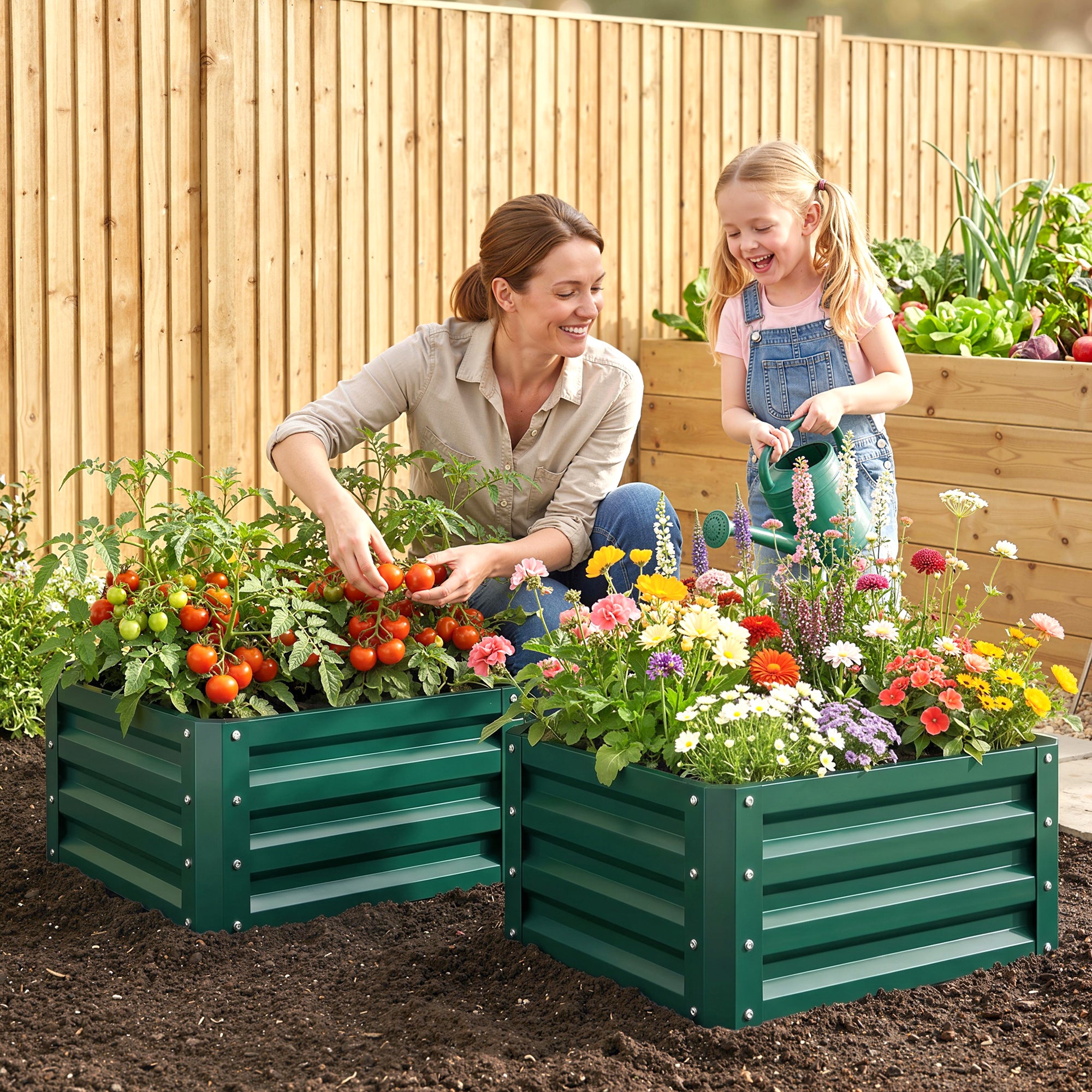 Outsunny Set of 2 Raised Garden Bed, Outdoor Elevated Galvanised Planter Box for Flowers, Herbs, 60x60x30.5cm, Green