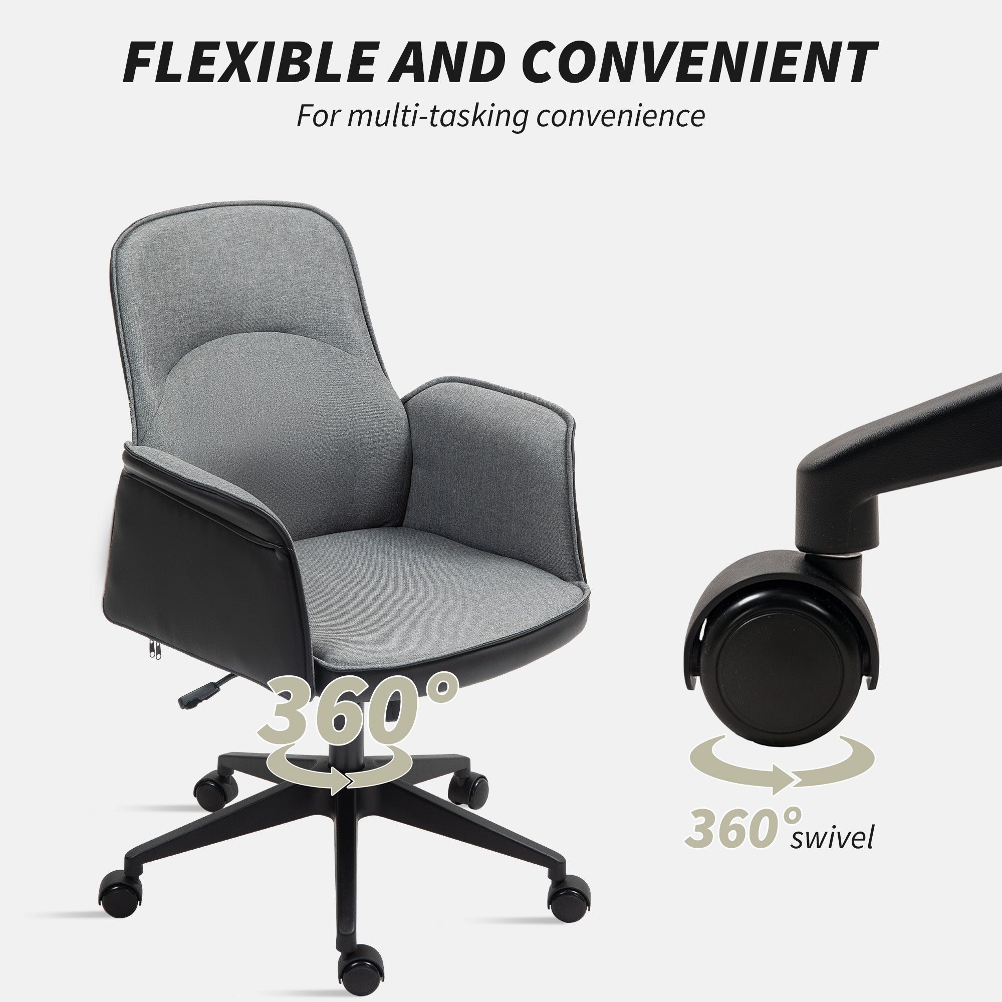 HOMCOM Home Office Chair, Upholstered Linen Desk Chair with Adjustable Height and Tilt Function, Swivel Chair for Home Office and Study Room, Grey - North Peak Garden Furniture