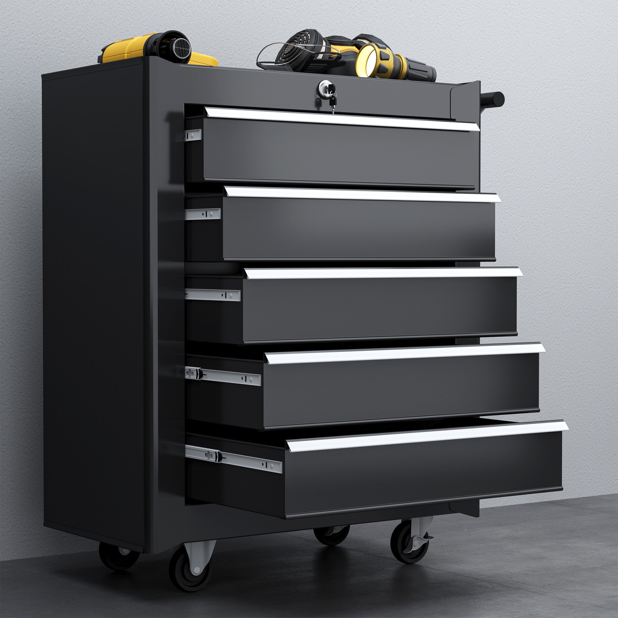 HOMCOM 5-Drawer Tool Chest with Wheels, Steel Lockable Tool Storage Cabinet with Handle, 2 Keys for Garage, Workshop, Black - North Peak Garden Furniture