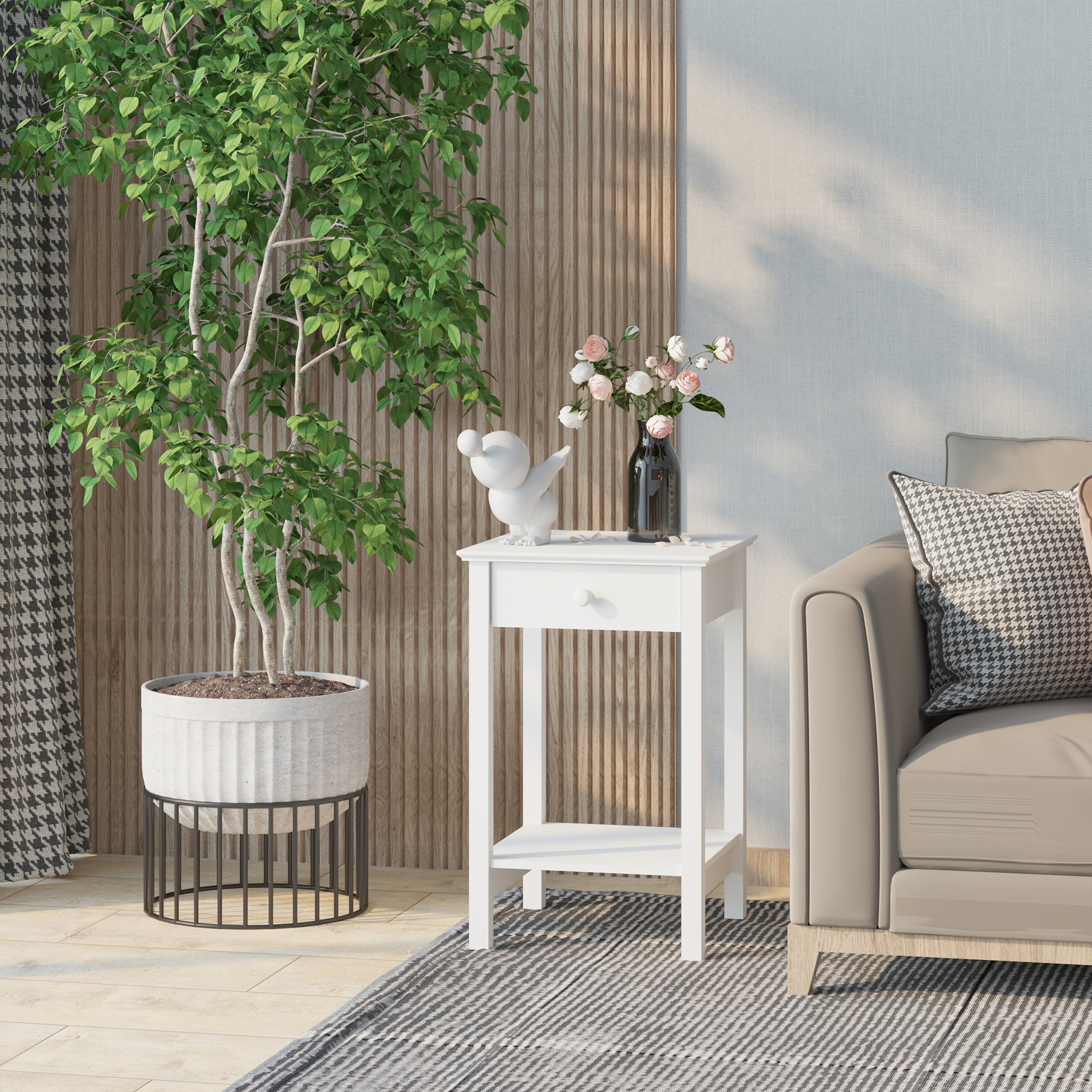 HOMCOM White Bedside Table, Wooden Side Table, Nightstand, Bedside Cabinet with Drawer and Storage Shelf for Bedroom and Living Room, Set of 2 - North Peak Garden Furniture