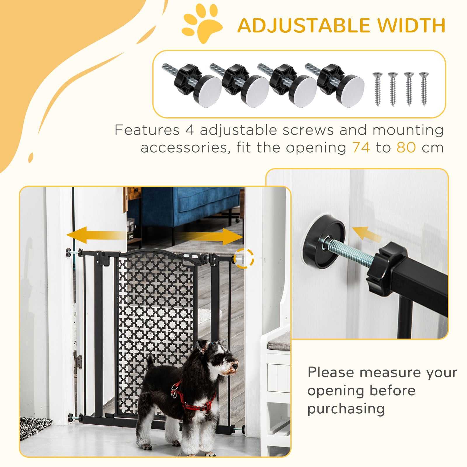 PawHut 74-80 cm Pressure Fit Safety Gate for Doorways and Staircases, Dog Gate, Pet Barrier for Hallways with Auto Close, Double Locking - North Peak Garden Furniture