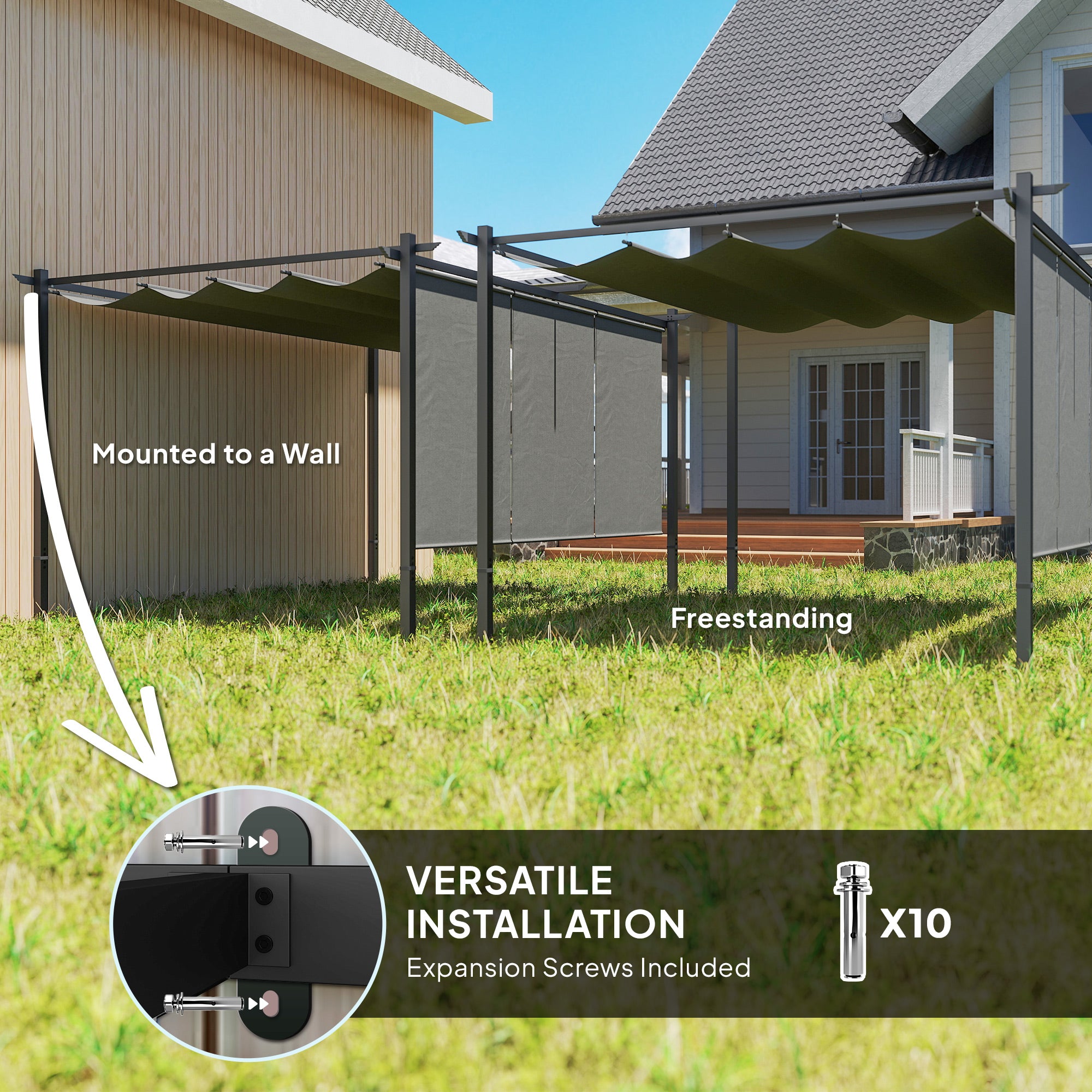 Outsunny 3 x 4m Metal Pergola with Retractable Roof and Roller Shade, Wall-Mounted or Free Standing Garden Gazebo Canopy Pergola Kit, UPF30+ Outdoor Sun Shade Shelter, Grey - North Peak Garden Furniture