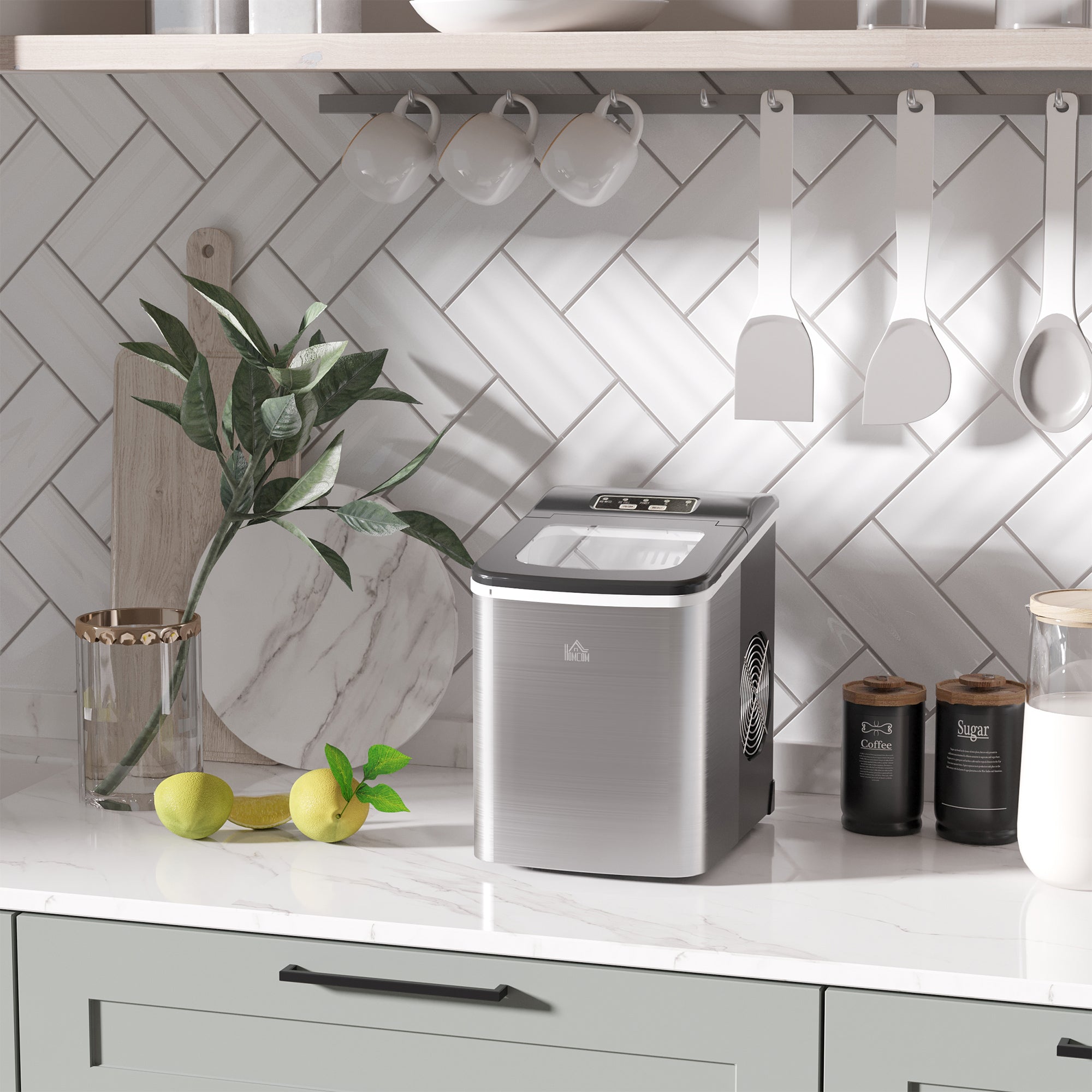 HOMCOM Ice Maker Machine, Counter Top Ice Cube Maker for Home, 9 Ice Cubes per 8 Minutes, 1.8L with Self Cleaning Function, Scoop and Basket Stainless Steel No Plumbing Required Black - North Peak Garden Furniture