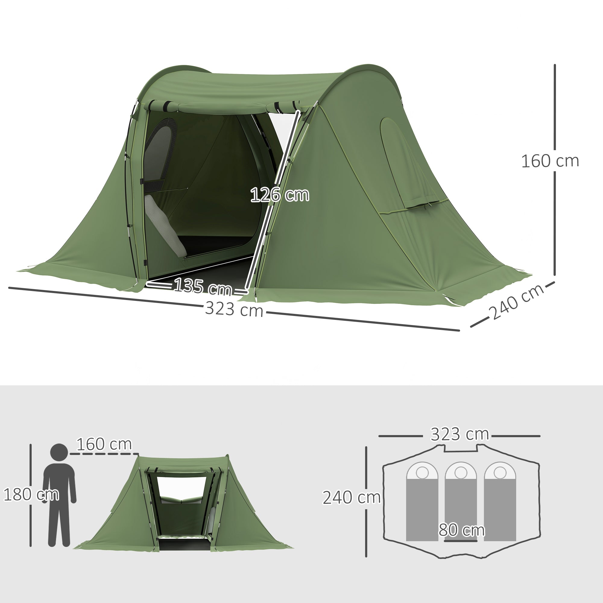 Outsunny 3 Man Camping Tent with Living Area and 2 Bedrooms, 3000mm Waterproof Family Tent with Sewn-in Groundsheet, Portable with Bag for Hiking, Festival, Backpacking, Green - North Peak Garden Furniture