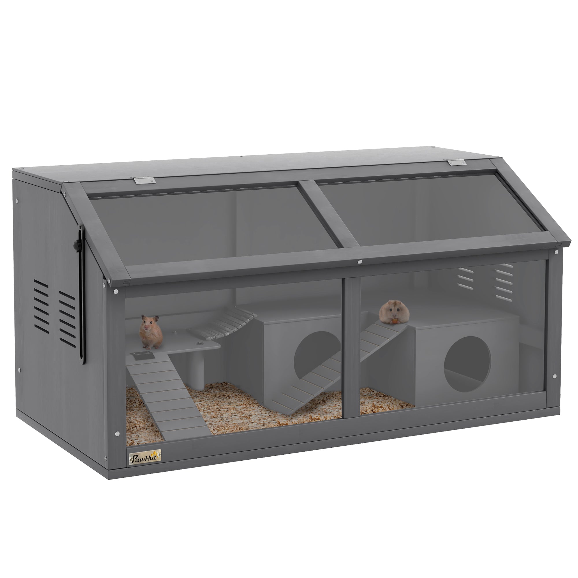 PawHut Hamster Cage, Wooden Small Animal Cage for Gerbils, Mice w/ Suspension Bridge, Openable Top, Hut, 85 x 45 x 44cm - Grey - North Peak Garden Furniture
