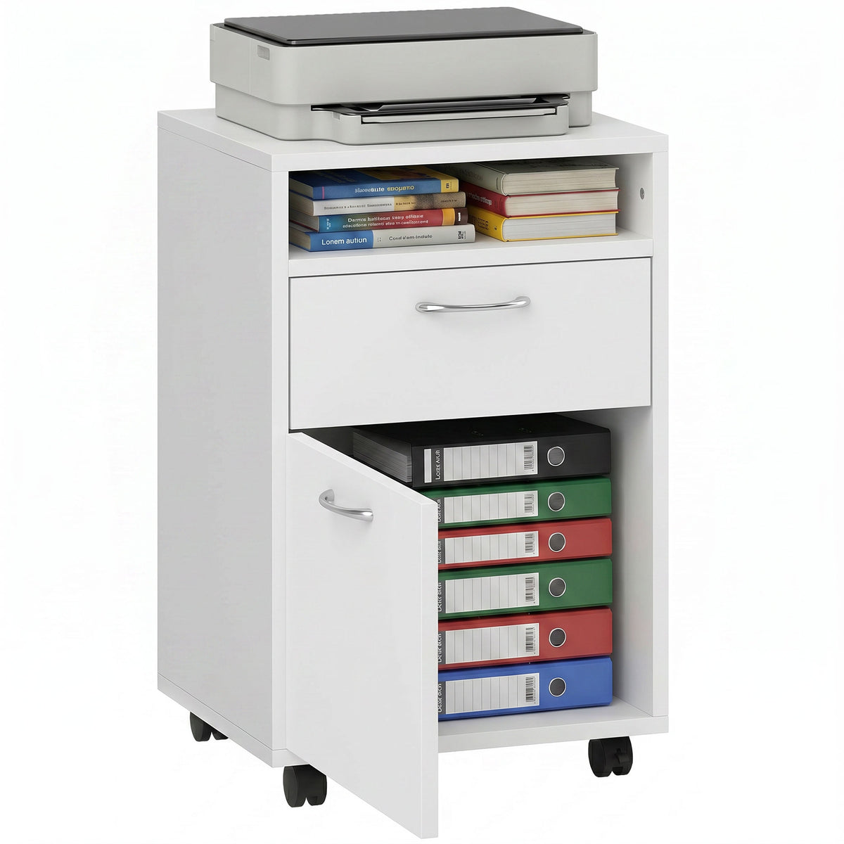 HOMCOM 60cm Storage Cabinet with Drawer, Open Shelf, Metal Handles and 4 Wheels, Office Home Organiser Mobile Printer, White