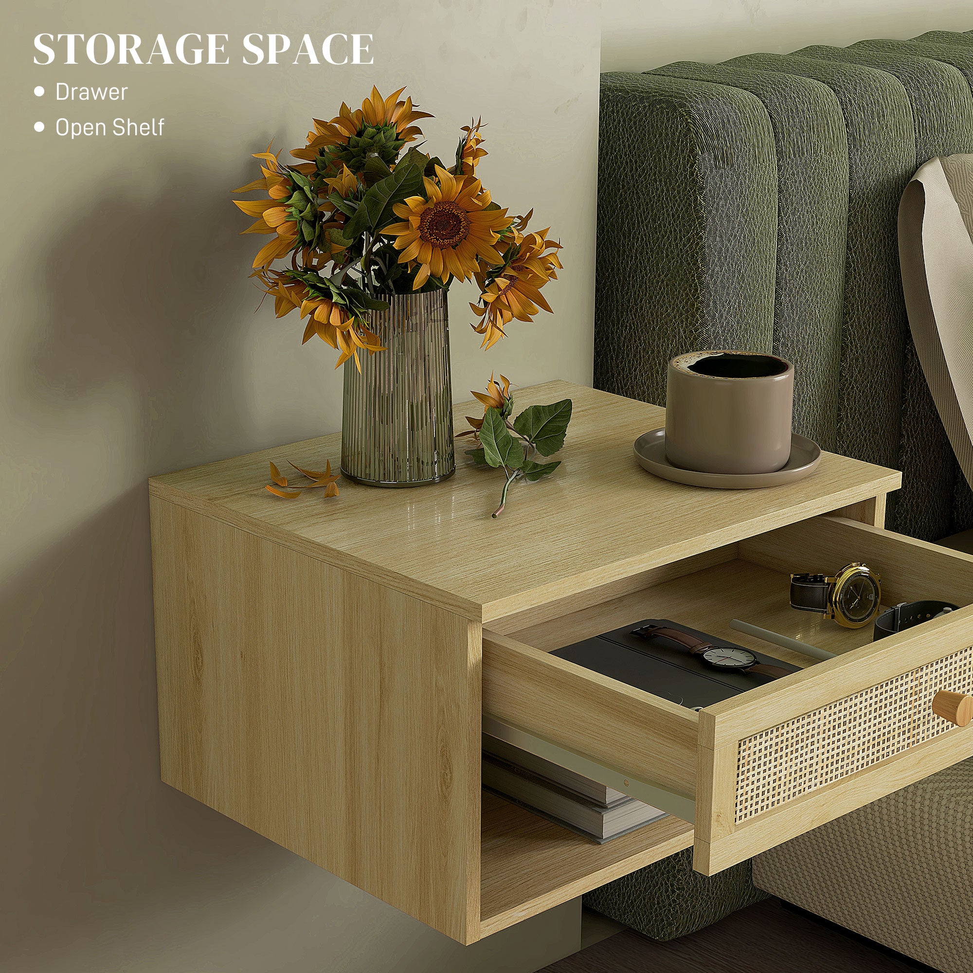 HOMCOM Set of Two Rattan Panel Floating Bedside Tables - Wood-Effect - North Peak Garden Furniture