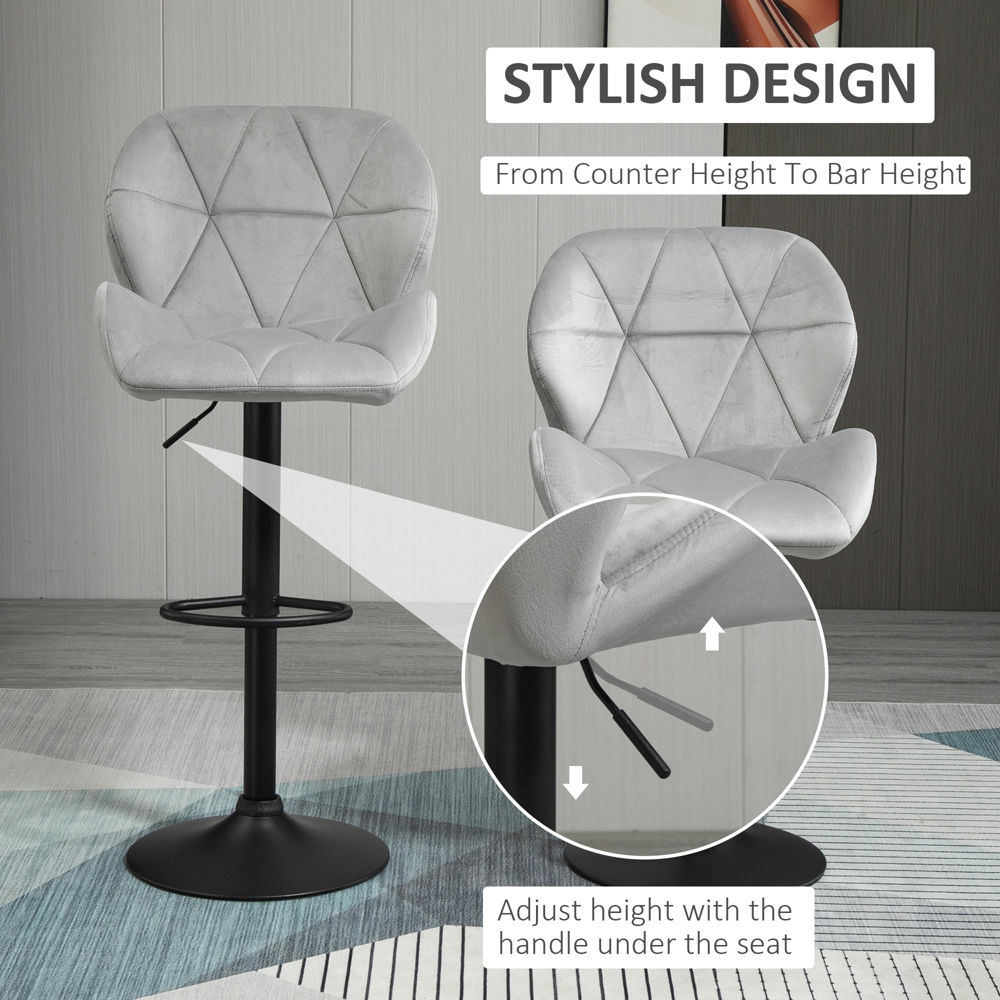 HOMCOM Adjustable Bar Stools Set of 2, Armless Upholstered Swivel Counter Chairs, Barstools with Back, Footrest, Light Grey - North Peak Garden Furniture
