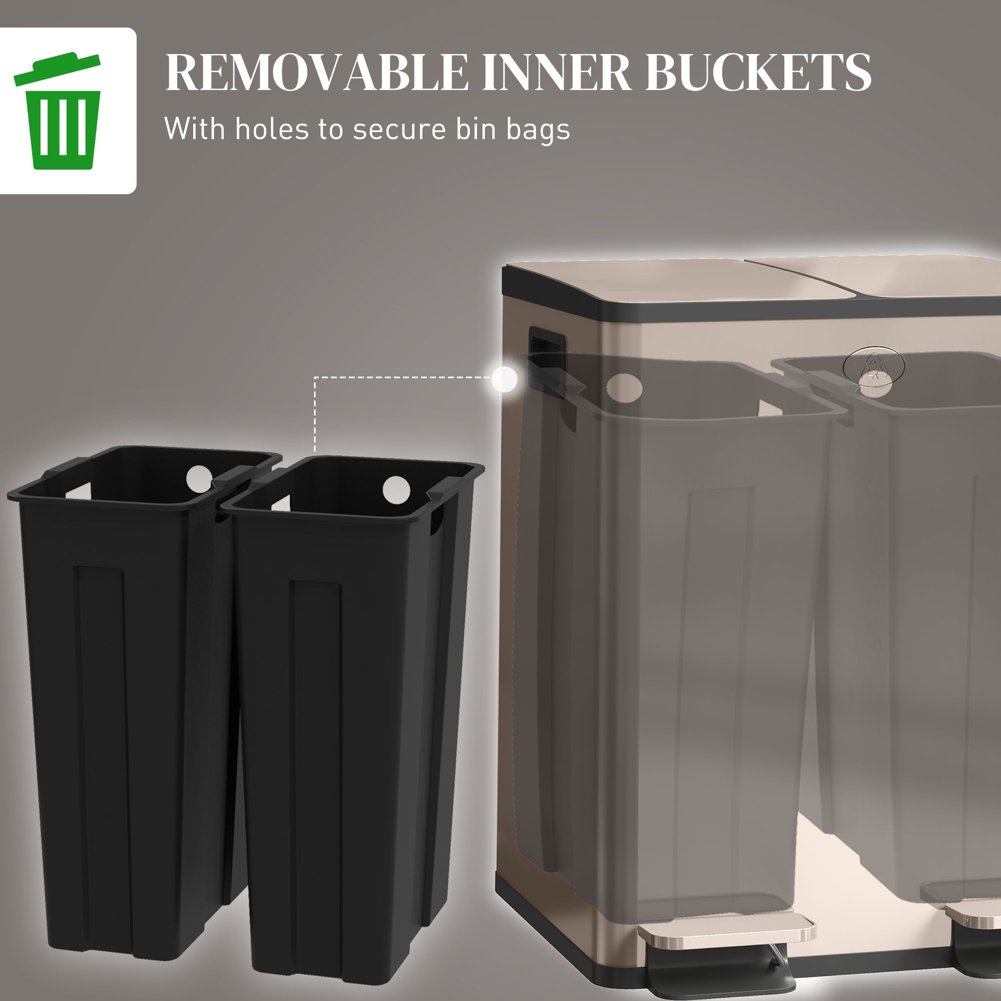 HOMCOM 40L Dual Compartment Stainless Steel Bin, with Deodoriser Holders - Gold Tone - North Peak Garden Furniture