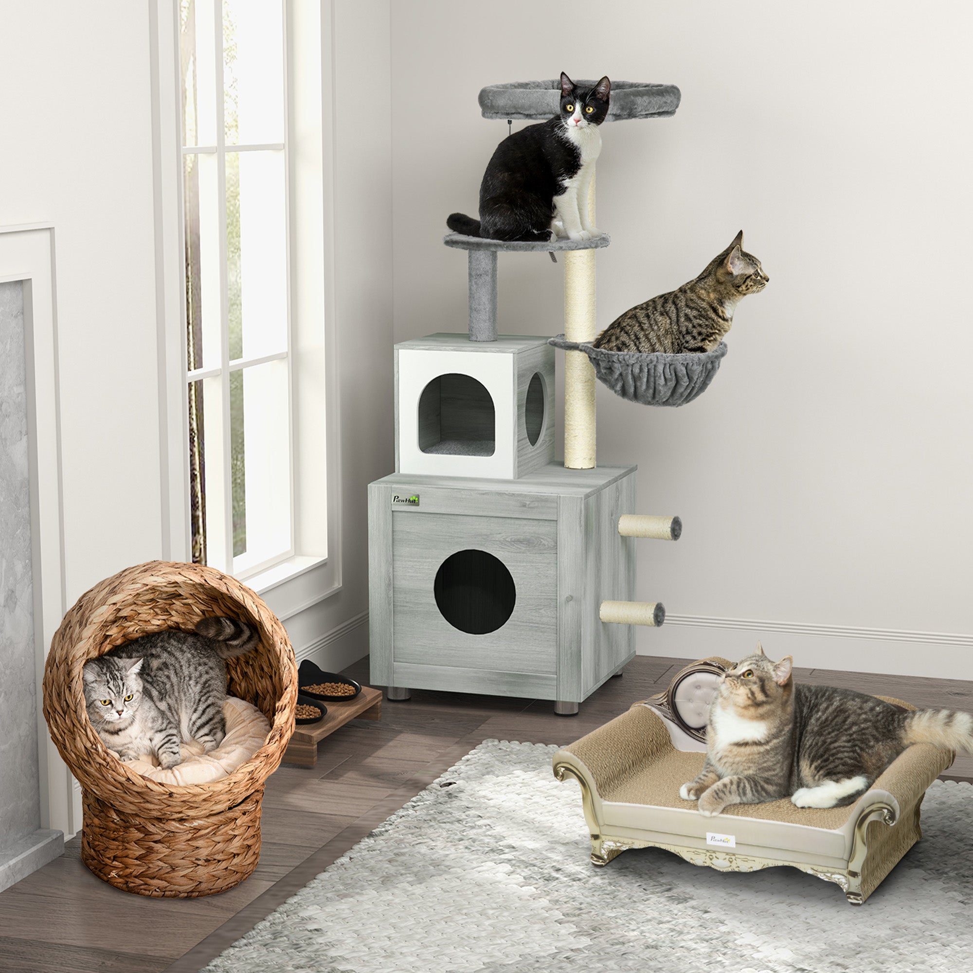 PawHut Enclosed Cat Litter Box with Cat House, Cat Bed, Scratching Posts, Platforms, for Indoor Cats - Grey