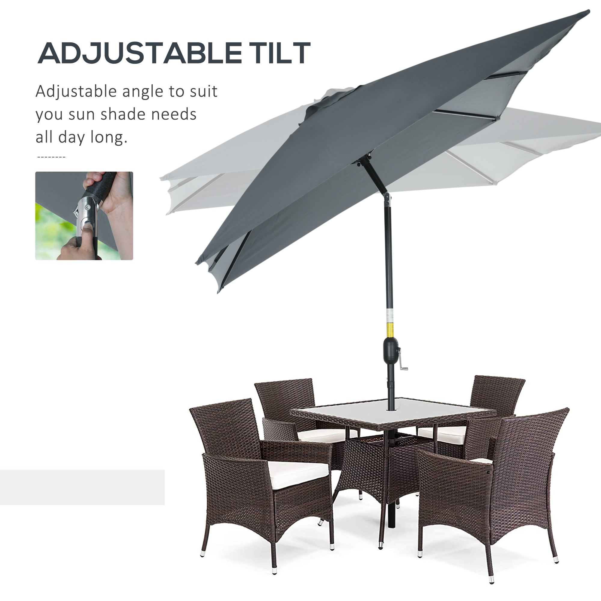 Outsunny 3x2m Patio Parasol Garden Umbrellas Canopy with Aluminum Tilt Crank Rectangular Sun Shade Steel, Dark Grey - North Peak Garden Furniture