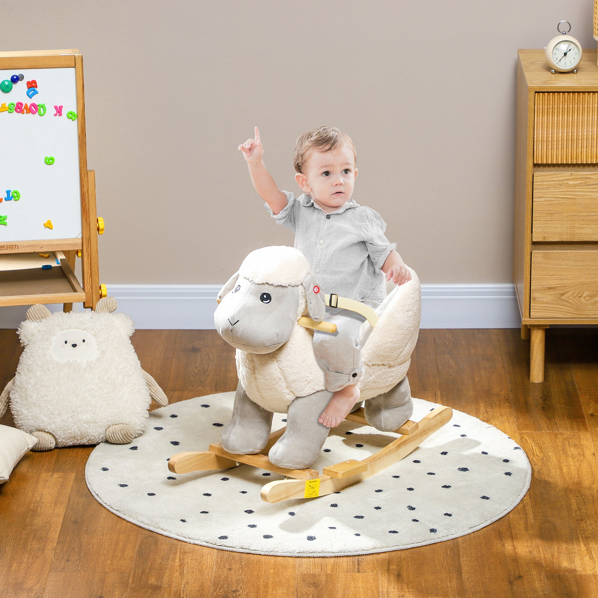 AIYAPLAY Rocking Horse, Ride on Lamb with Safety Belt, Sound, for Ages 1-3 Years, Grey - North Peak Garden Furniture