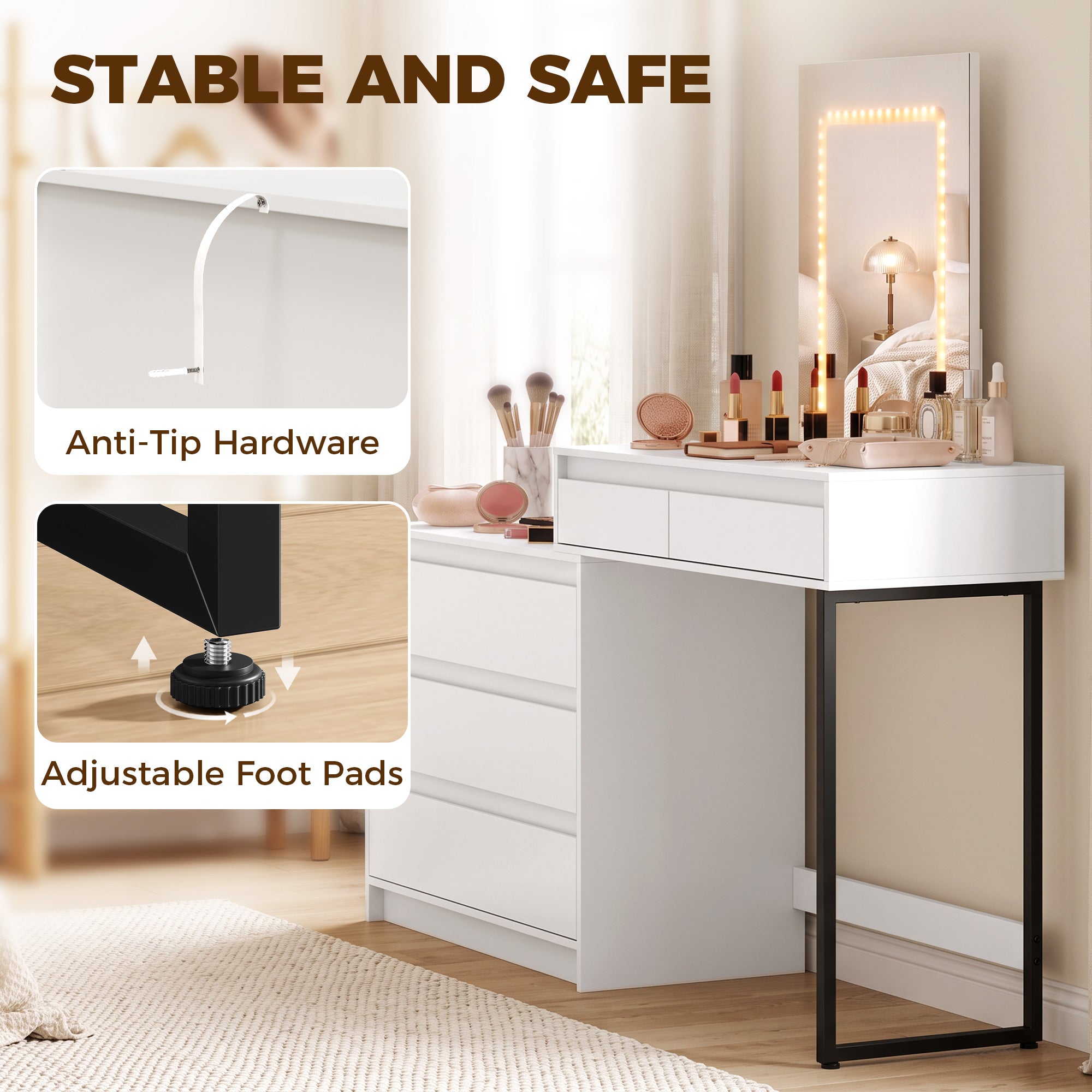 HOMCOM Vanity Makeup Desk LED Mirror Dressing Table Large Storage 5 Drawers White