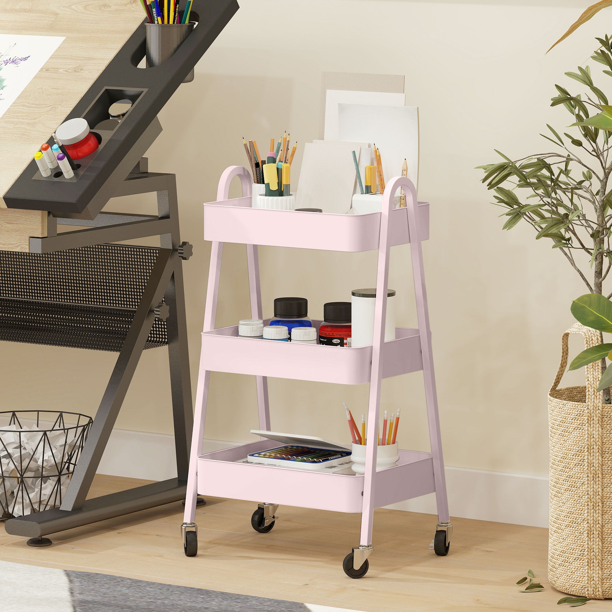 HOMCOM Three-Tier Storage Trolley - Pink - North Peak Garden Furniture