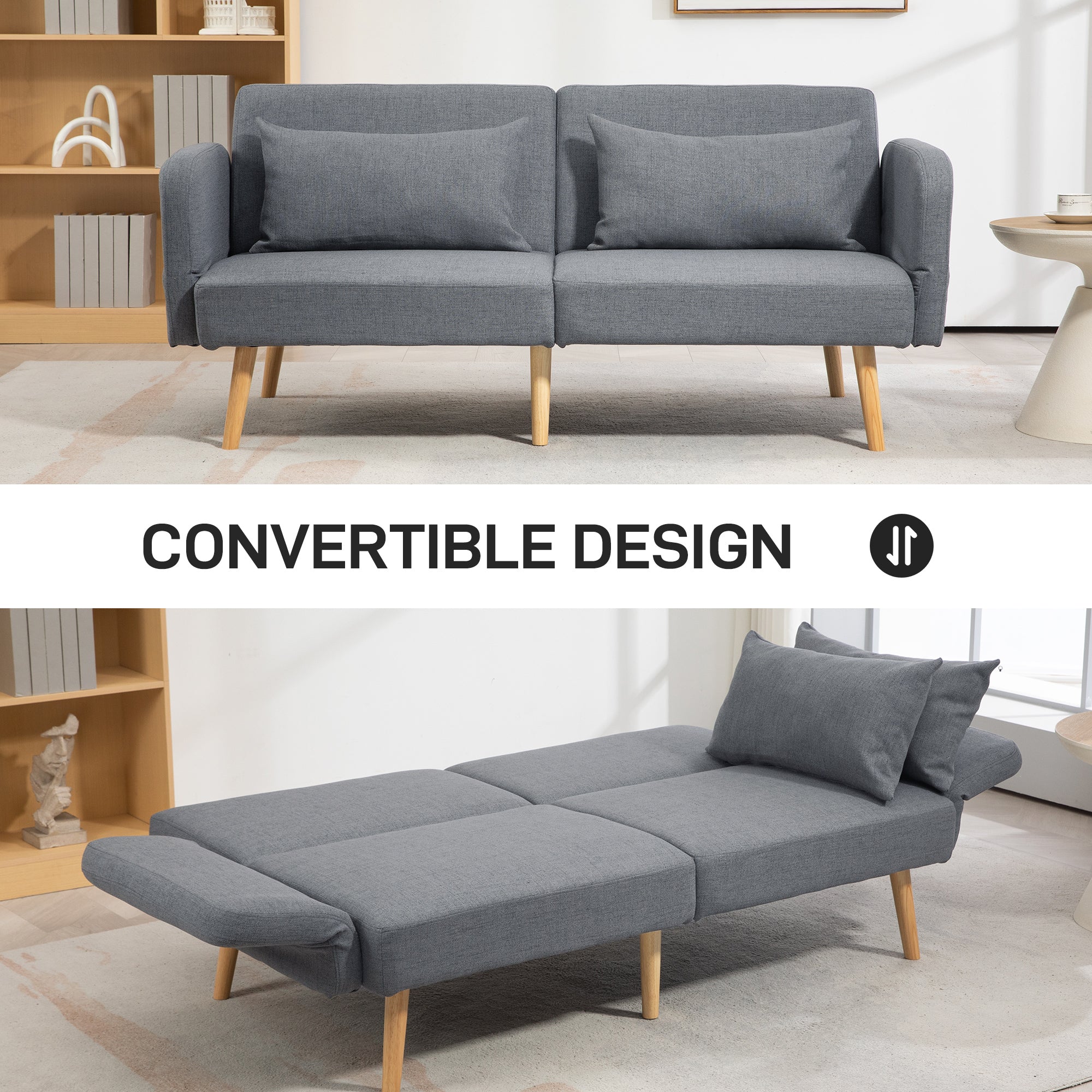 HOMCOM Two-Seater Click-Clack Sofa Bed, with Pillows - Grey - North Peak Garden Furniture