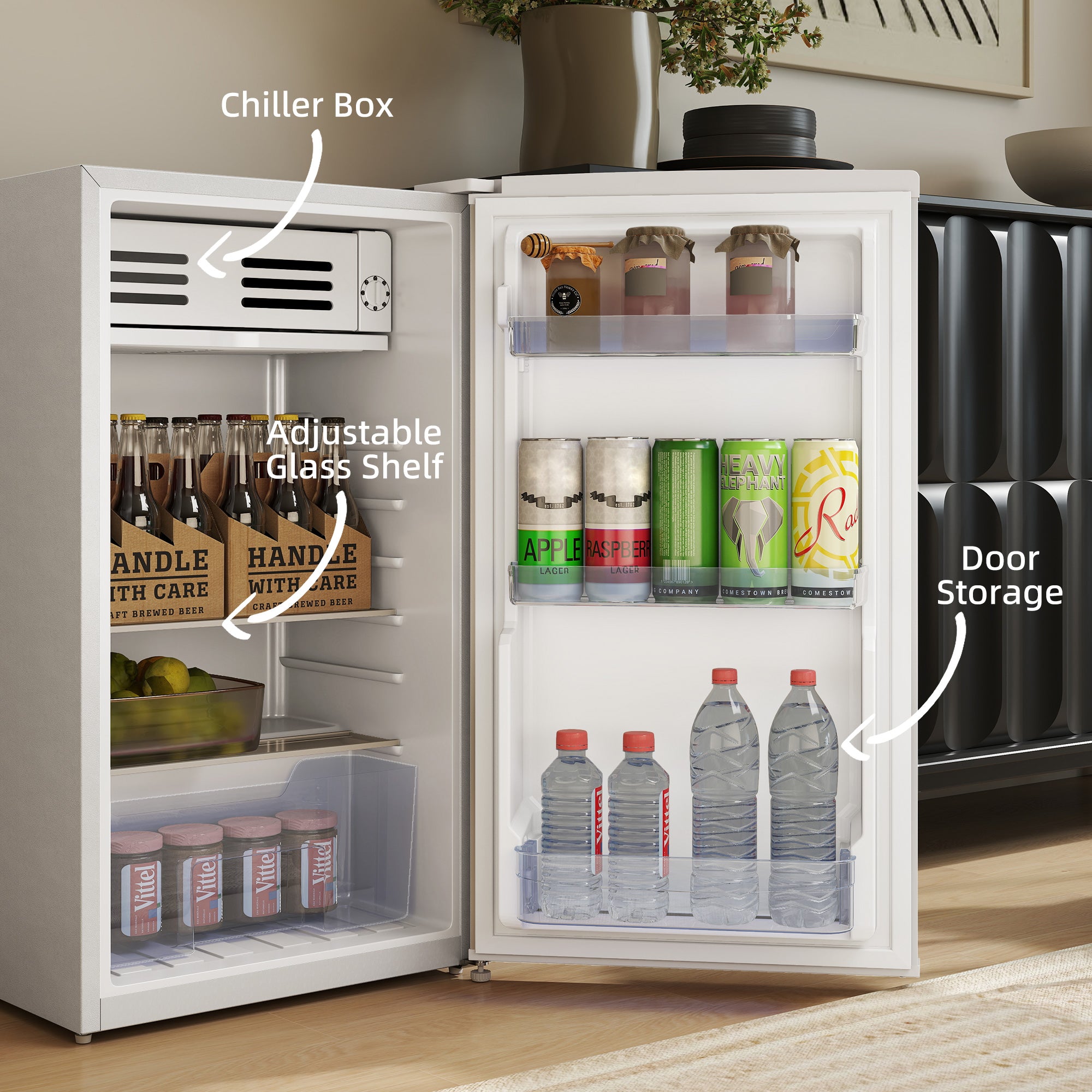 HOMCOM Under Counter Fridge, 85L Small Retro Refrigerator with Chiller Box, Adjustable Thermostat, Glass Shelves, White - North Peak Garden Furniture