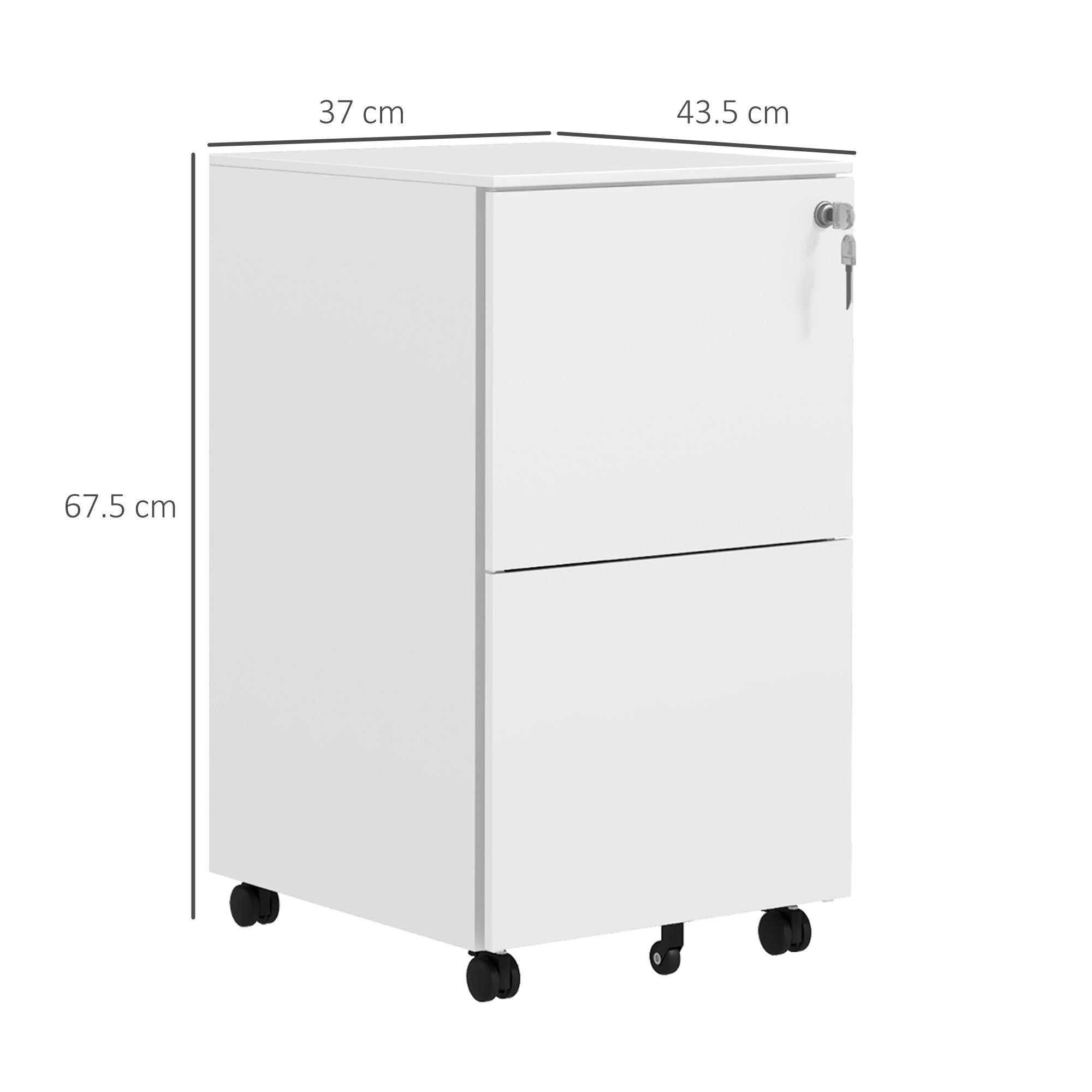 Vinsetto 2-Drawer Vertical Filing Cabinet with Lock and 5 Wheels, Steel Mobile File Cabinet, for A4, Legal and Letter Size, Pre-Assembled Body, White