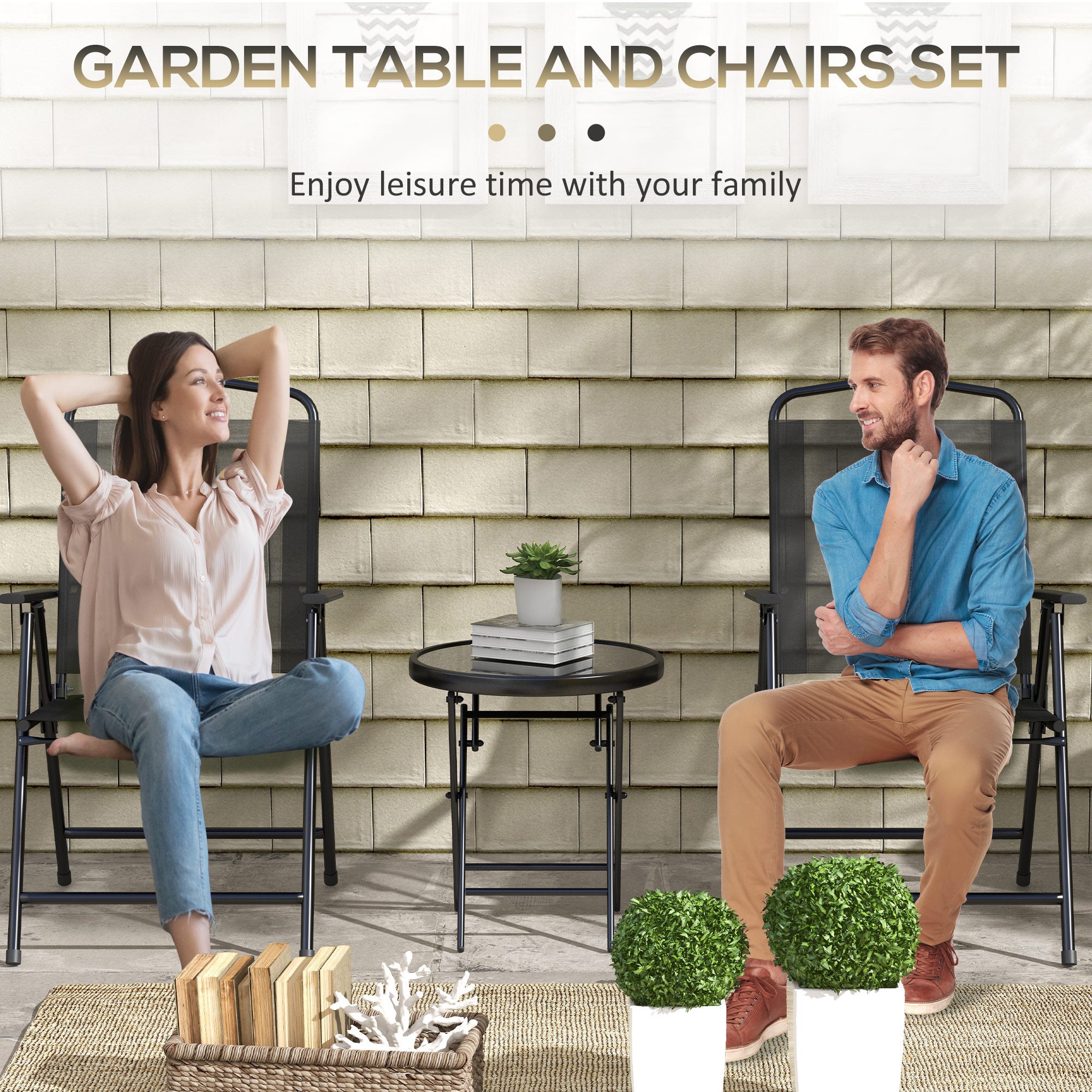 Outsunny Three-Piece Garden Seat Set, with Glass-Top Table - Black - North Peak Garden Furniture