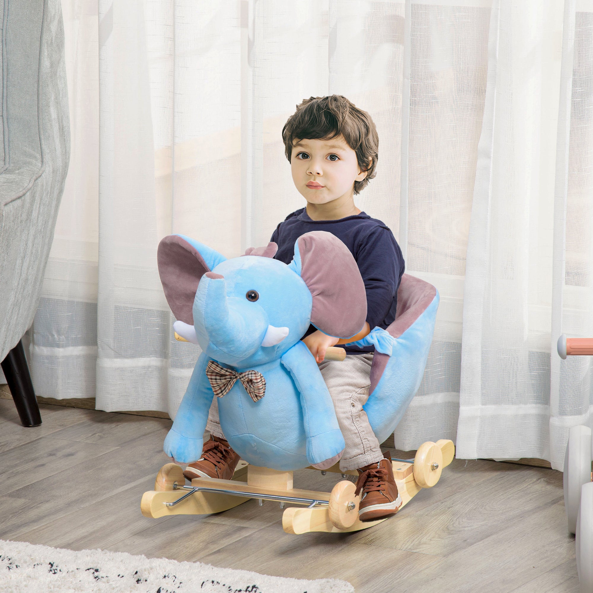 HOMCOM 2 In 1 Plush Baby Ride on Rocking Horse Elephant Rocker with Wheels Wooden Toy for Kids 32 Songs for 18+ Months (Blue)