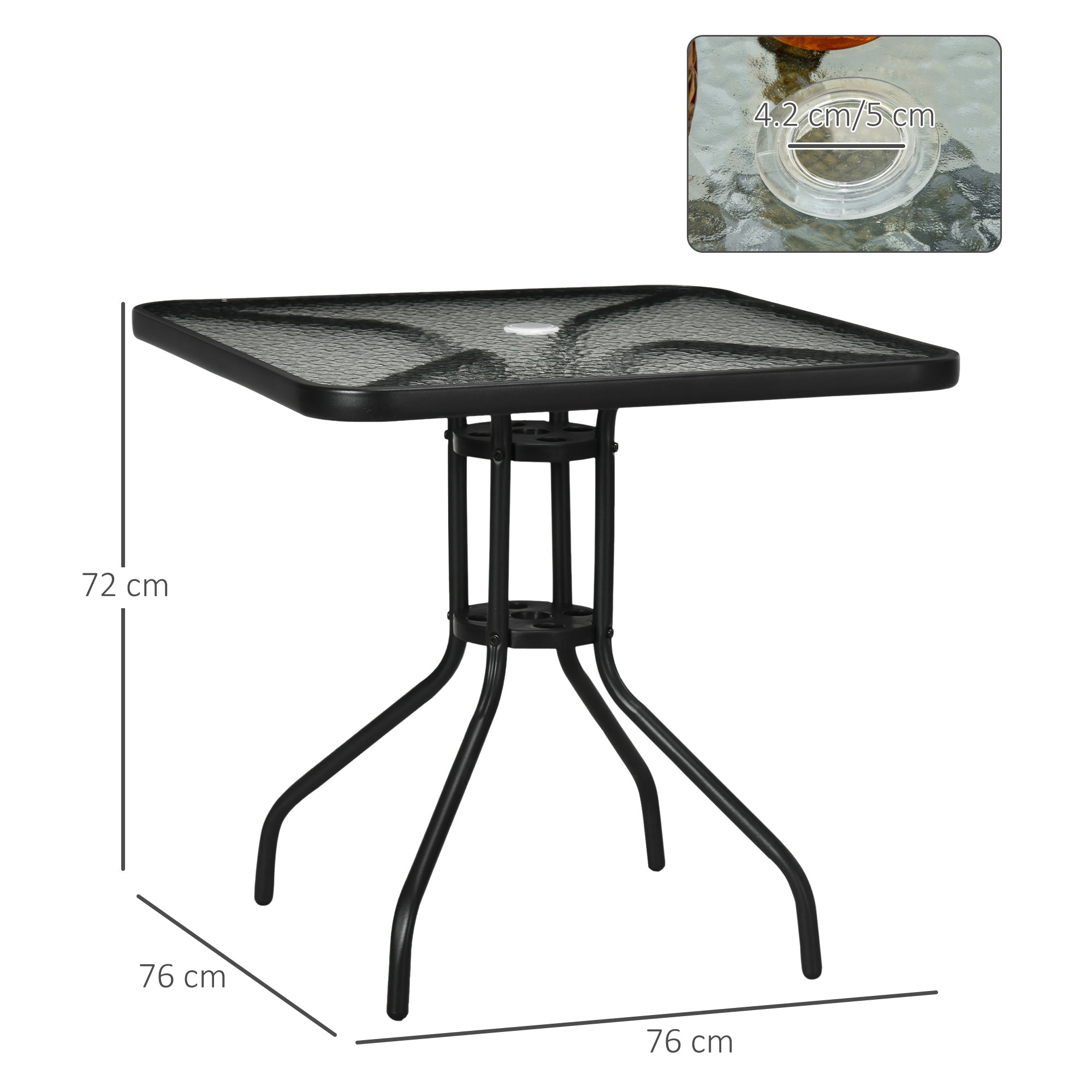Outsunny Square Patio Table, Tempered Glass Top Bistro Table, Garden Dining Table, Outdoor Accent Coffee Table 76 x 76cm Steel Frame with Umbrella Hole - North Peak Garden Furniture