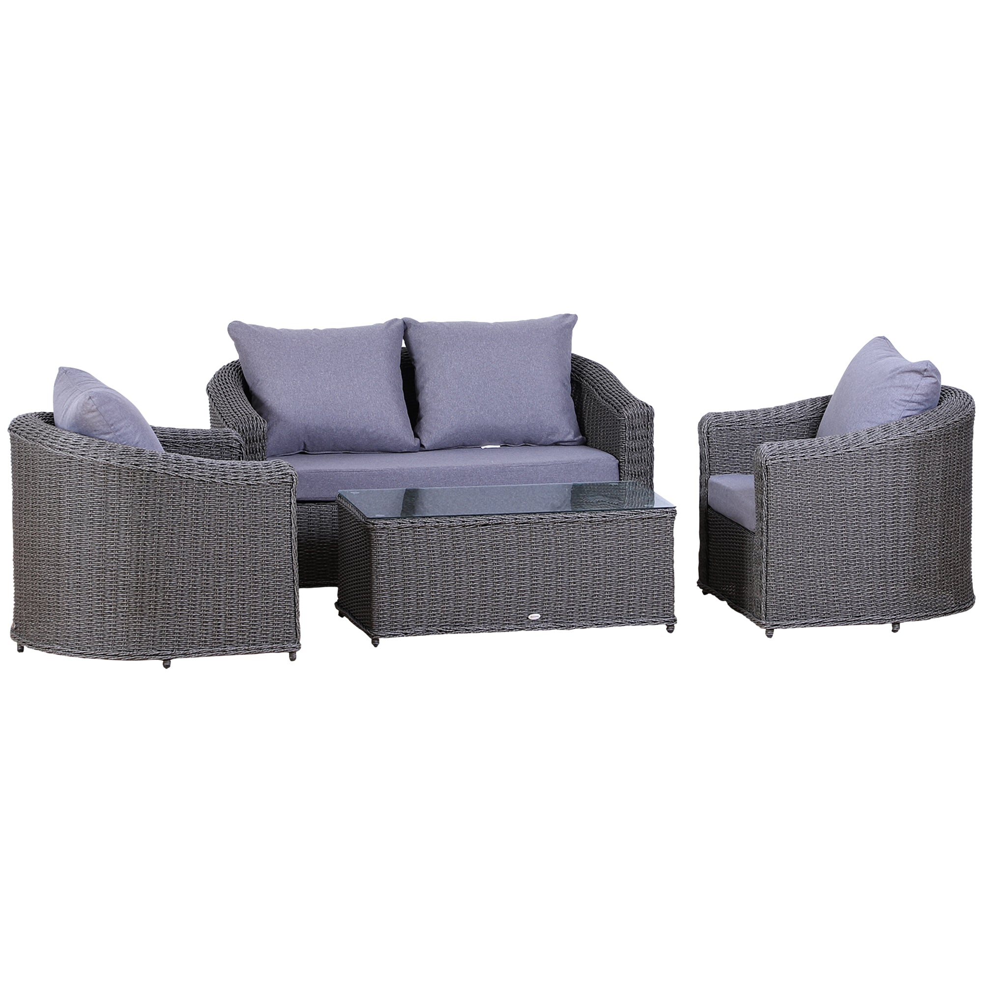 Outsunny Rattan Garden Furniture Set 4-seater Sofa Set Coffee Table Single Chair Bench Aluminium Frame Fully-assembly, Grey