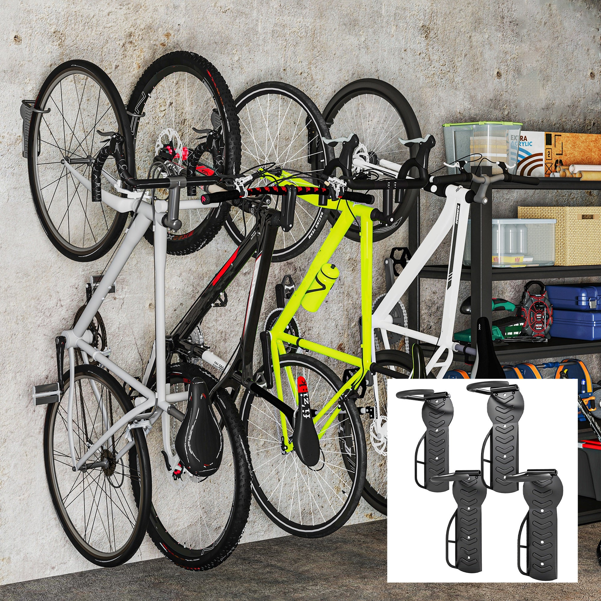 SPORTNOW 4 Pack Bike Rack, Wall Mounted Bicycle Hanger Hook, Foldable Garage Bike Wall Rack, Bicycle Storage Holder for Indoor Outdoor Use - North Peak Garden Furniture