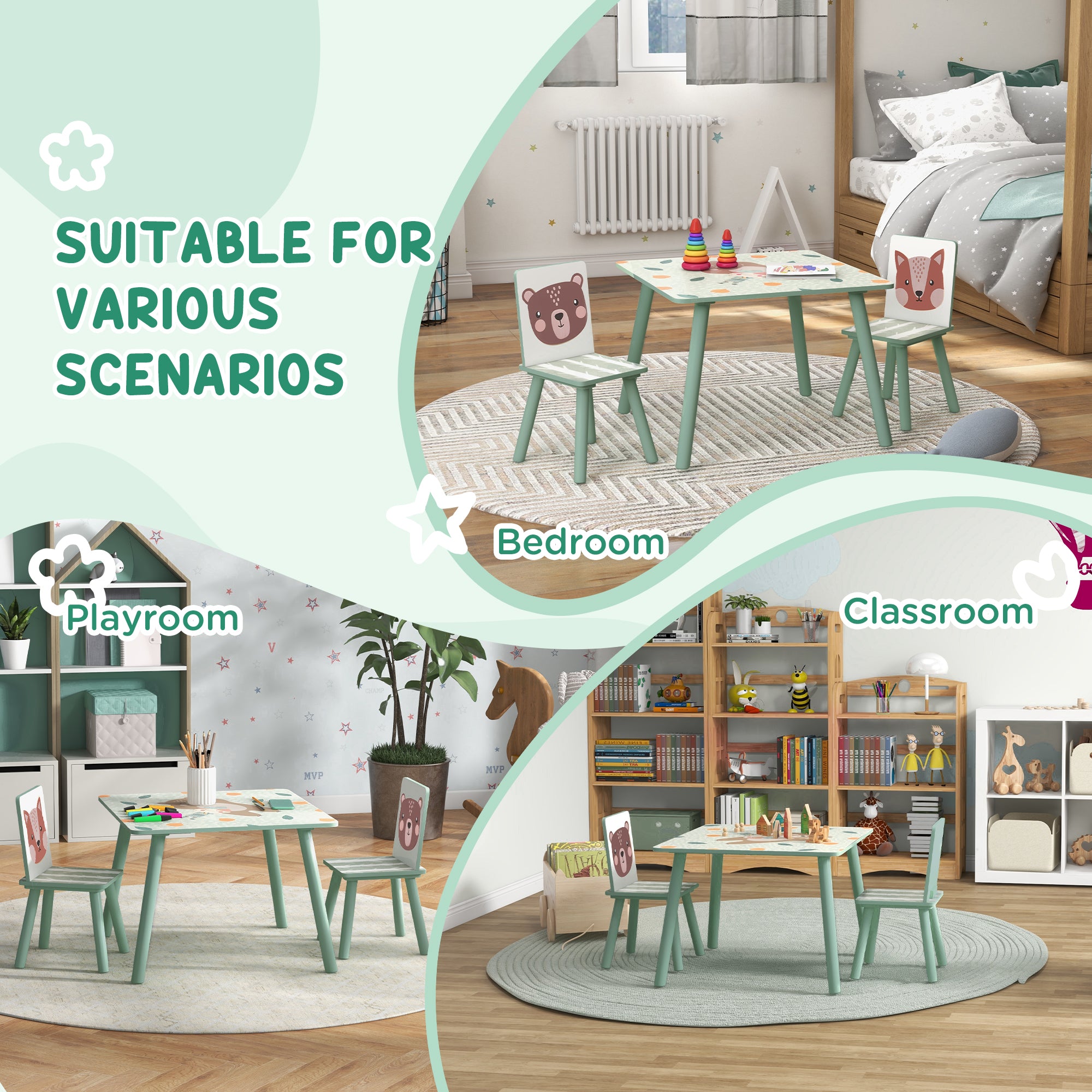 ZONEKIZ Kids and Table Chairs, Children Desk with Two Chairs, Toddler Furniture Set, for Ages 3-6 Years - Green - North Peak Garden Furniture