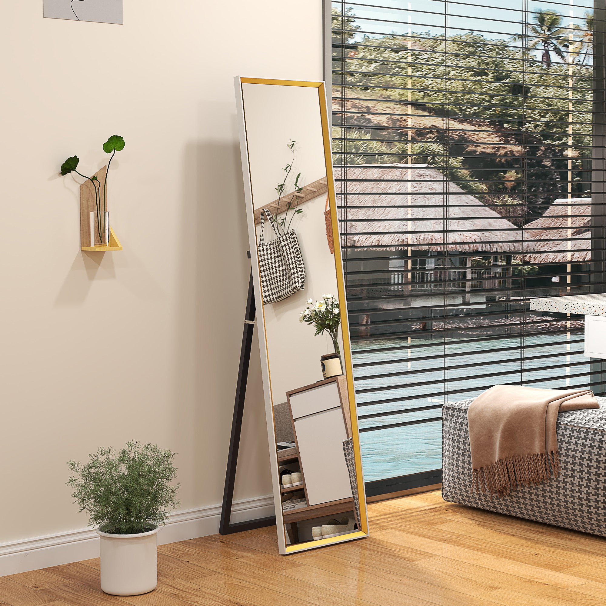 HOMCOM Full Length Mirror, 37 x 157cm Wall Mounted, Leaning, Free Standing Mirror, Framed Full Body Mirror for Living Room, Bedroom, White - North Peak Garden Furniture