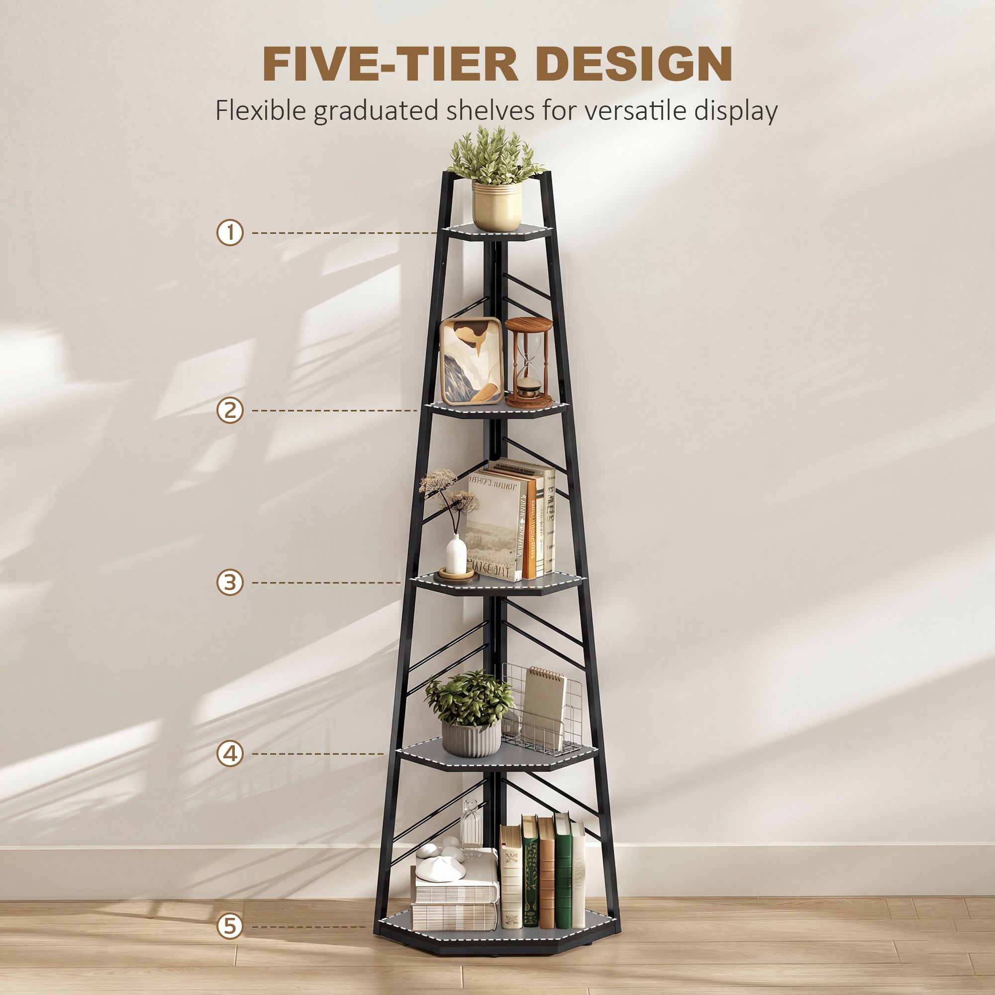 HOMCOM Corner Bookcase, 5-Tier Floor Standing Bookshelf, Shelving Unit for Living Room, Study, Bedroom, Black