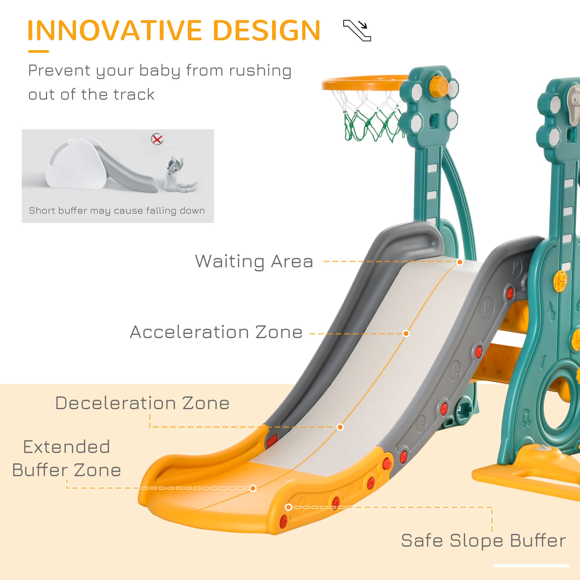 HOMCOM 3-IN-1 Kids Swing and Slide Set with Basketball Hoop Slide Swing Adjustable Seat Height Toddler Playground Activity Center Indoor and Outdoor Play Equipment - North Peak Garden Furniture