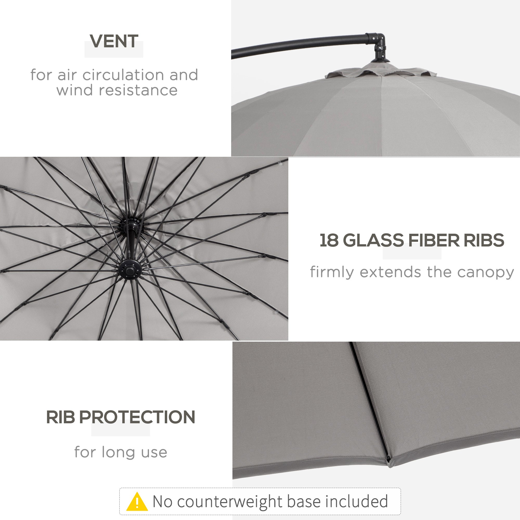 Outsunny 3(m) Cantilever Umbrella 18 Ribs & Vents Adjustable Angle for Patio Light Grey - North Peak Garden Furniture